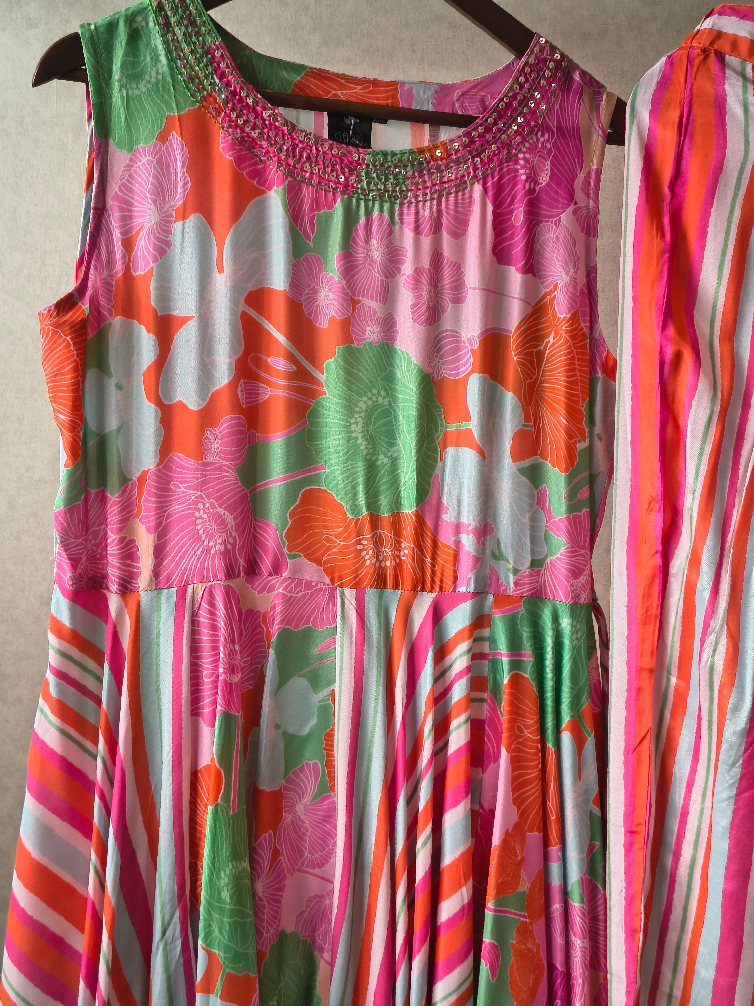 Image of Premium Tropical Floral Handkerchief Kurta with Striped Tapered Pants Co-Ord Set