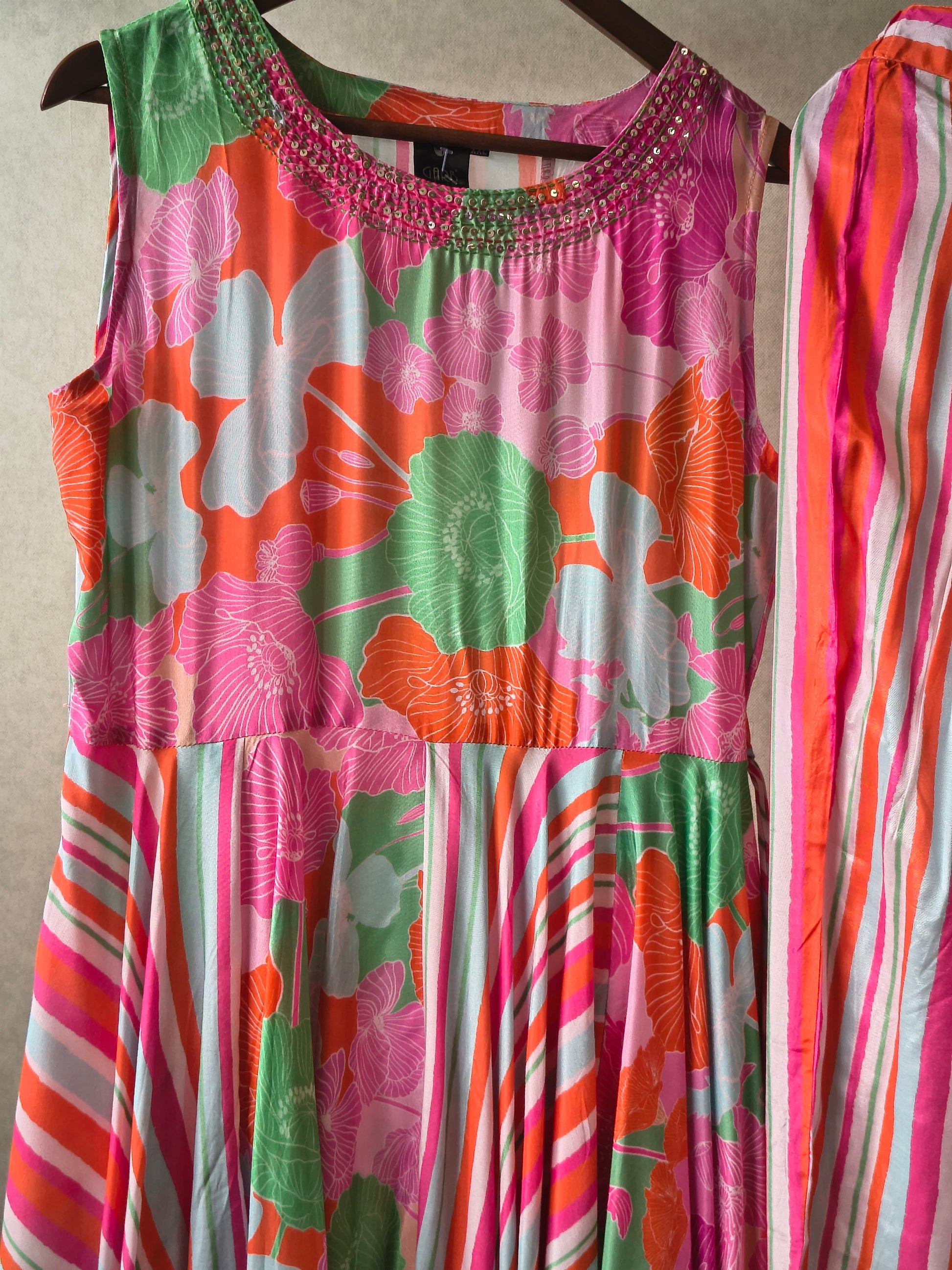 Premium Tropical Floral Handkerchief Kurta with Striped Tapered Pants Co-Ord Set