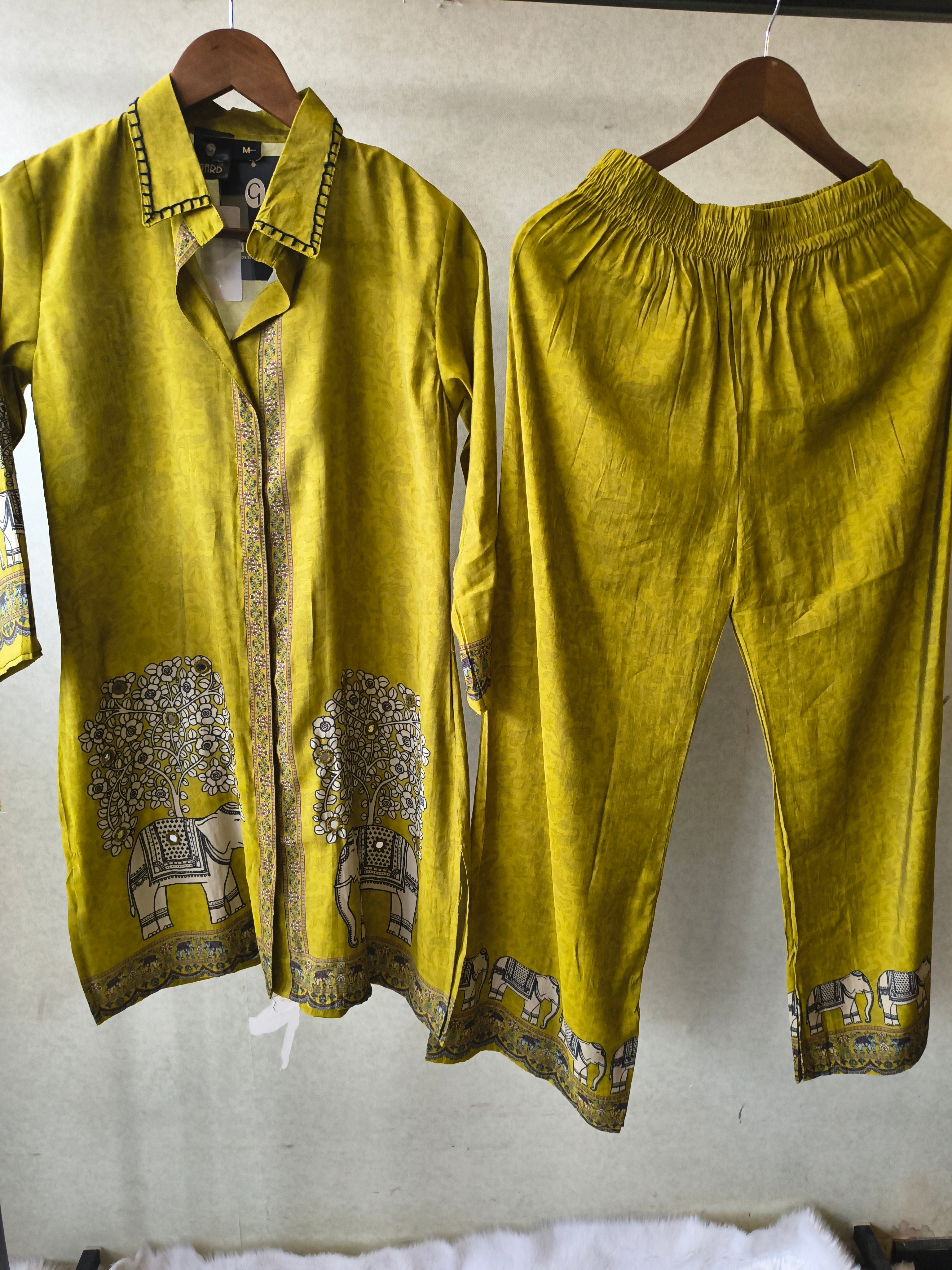 Image of Mustard Yellow Elephant Print Designer Co-Ord Set with Asymmetrical Hem
