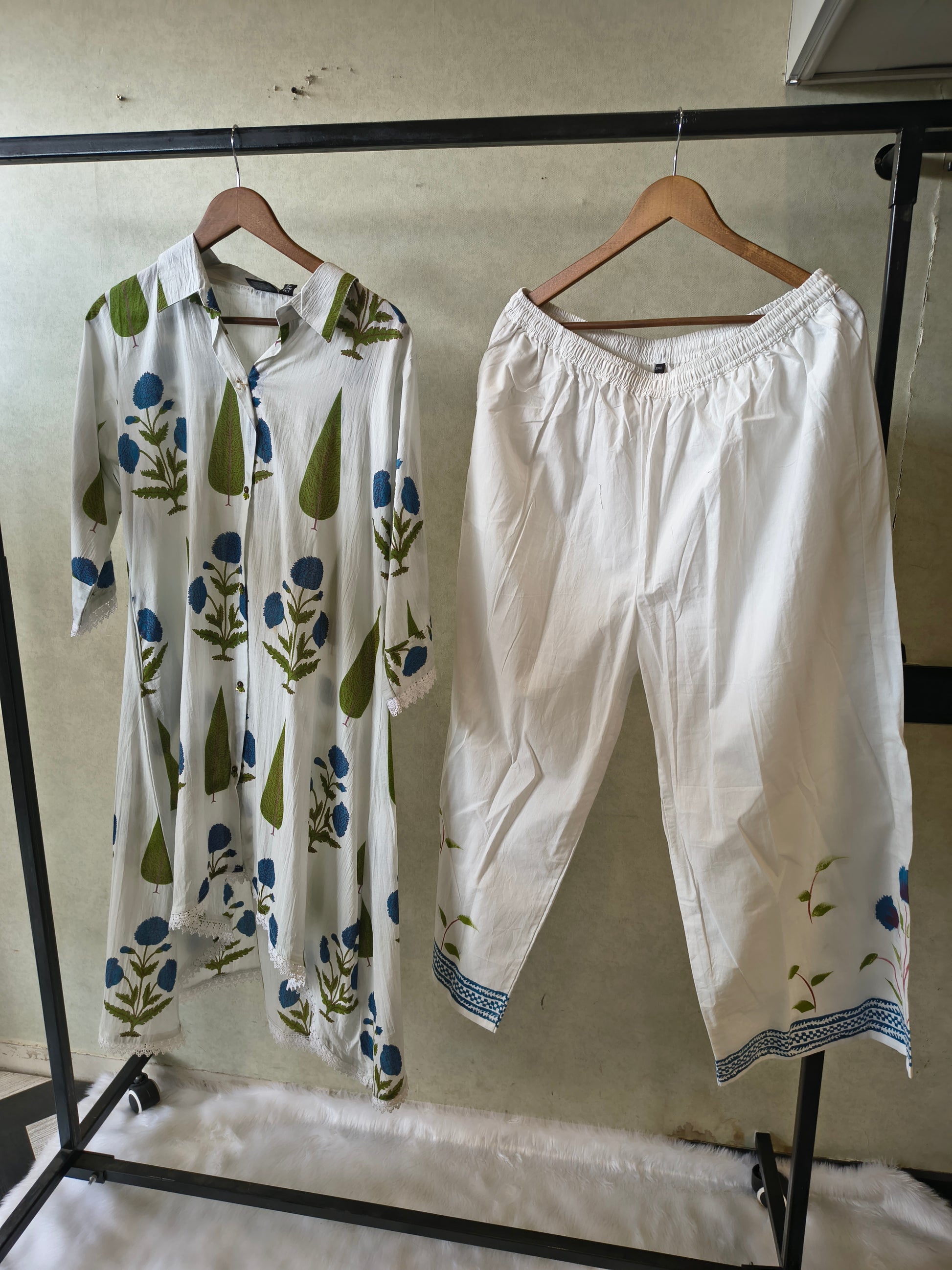 Premium White Botanical Printed High-Low Kurta Set with Designer Pants