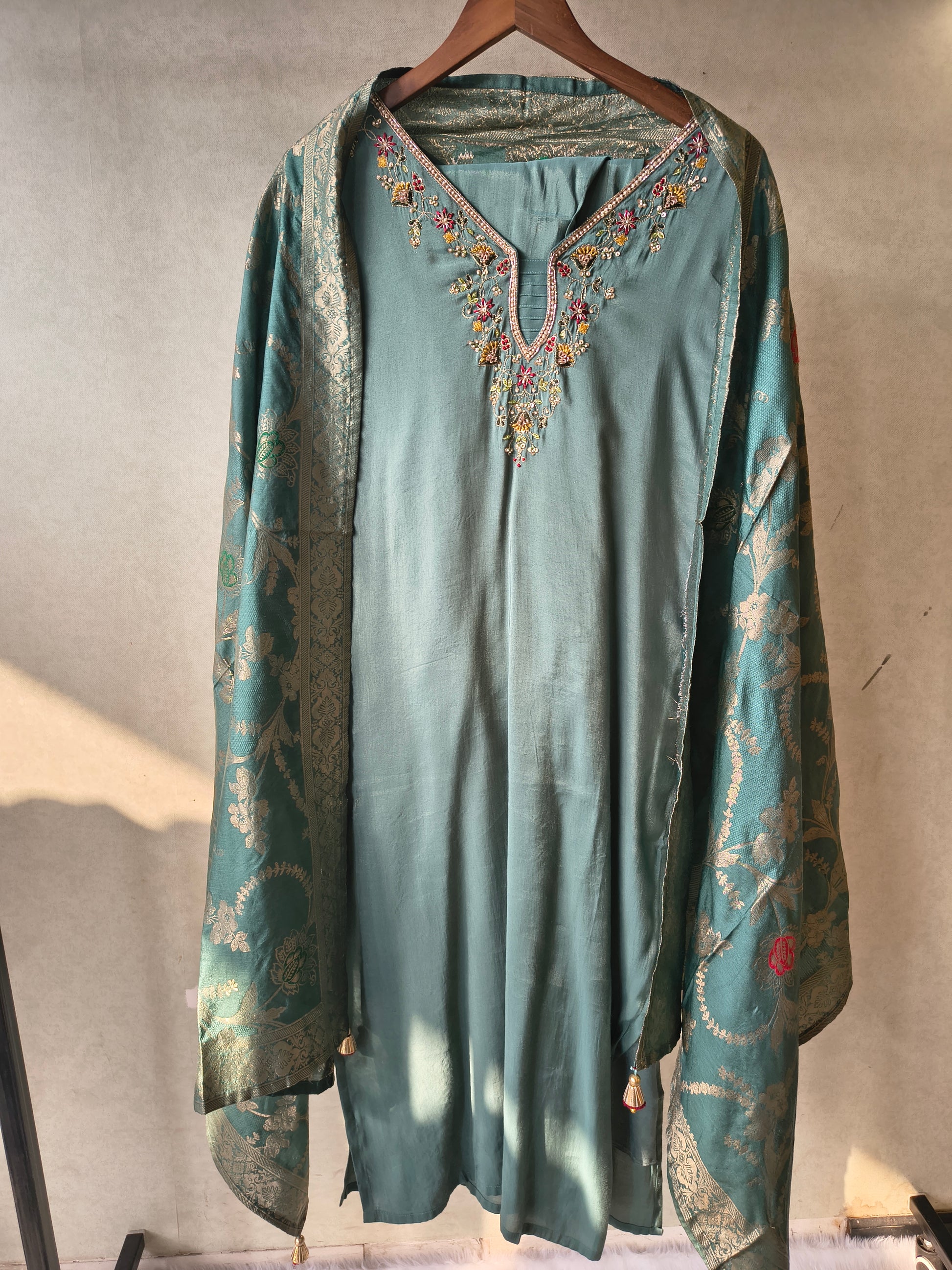Premium Teal Silk Blend Embroidered Kurta Set with Woven Dupatta & Straight Pants