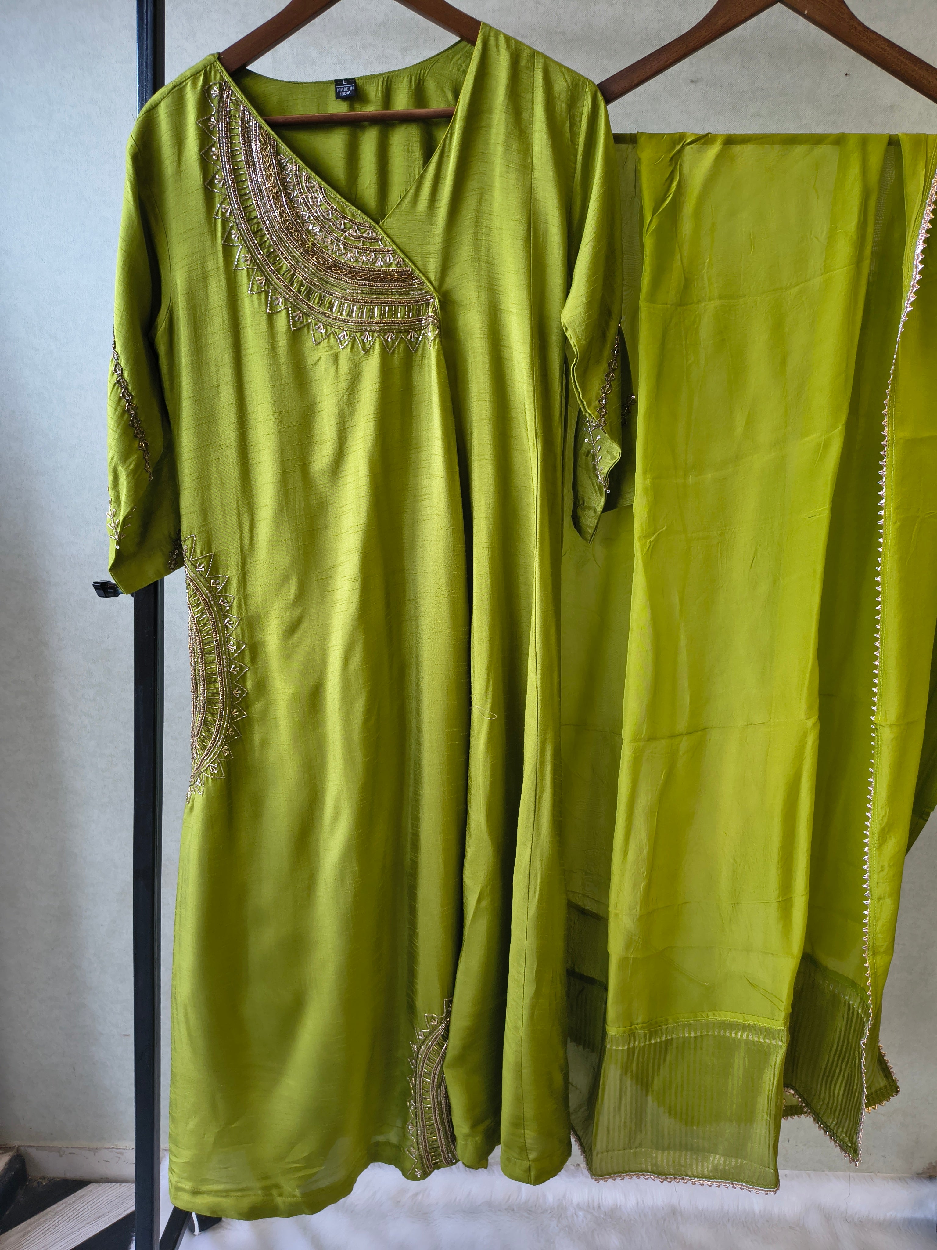 Image of Lime Green Hand-Embroidered Designer Kurta Set with Organza Dupatta | Premium 3 Piece Ethnic Suit