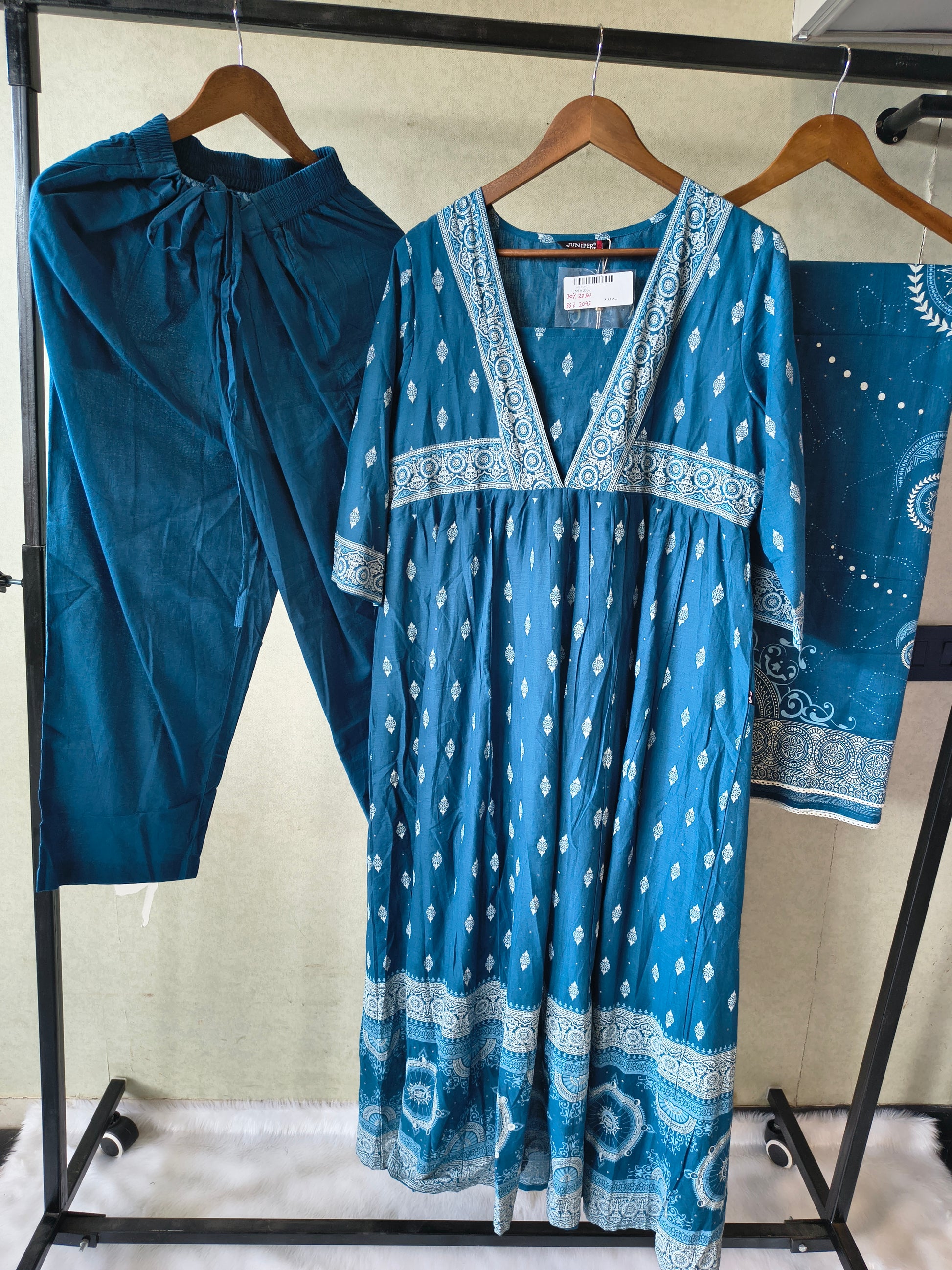 Juniper Premium Teal Blue Printed Cotton Kurta Set with Solid Pants & Printed Dupatta