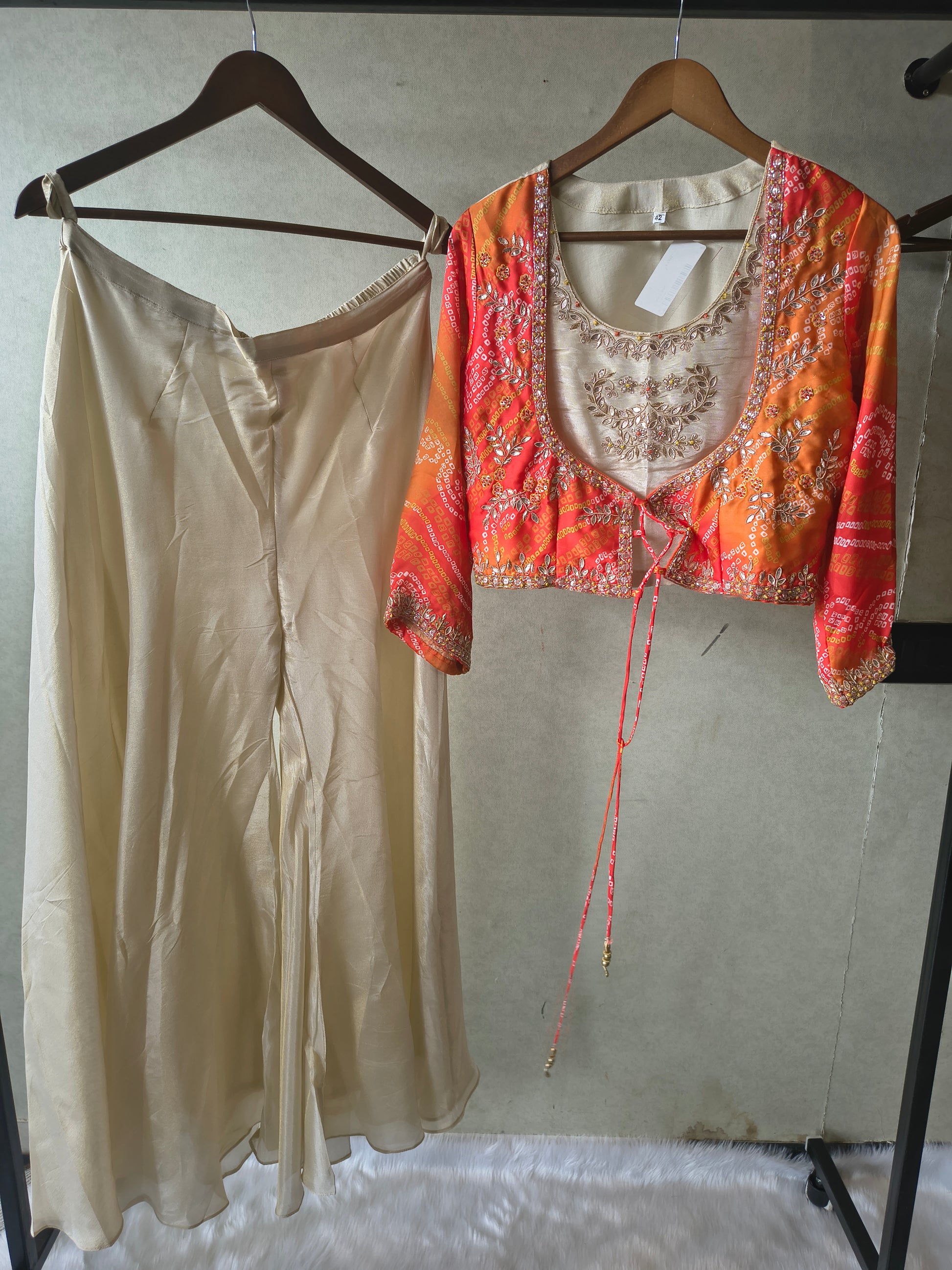 Premium Ivory & Bandhani Orange 3-Piece Designer Palazzo Set with Embroidered Inner & Printed Jacket
