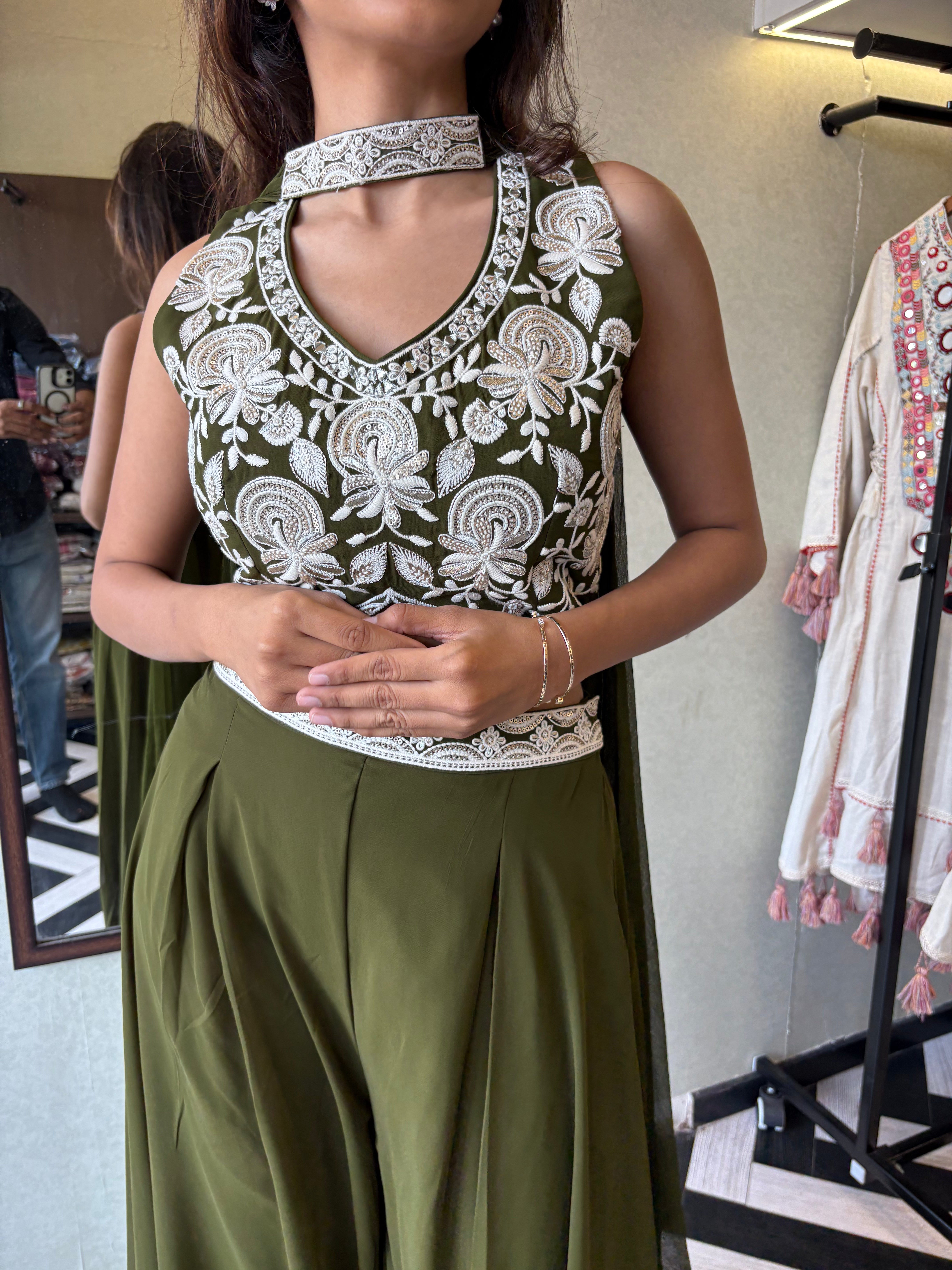 Image of Our 2-piece Indo-Western stunner - crafted in pure georgette with a fully embroidered blouse and a beautifully flowing drape-style bottom that blends Indian grace with modern charm!