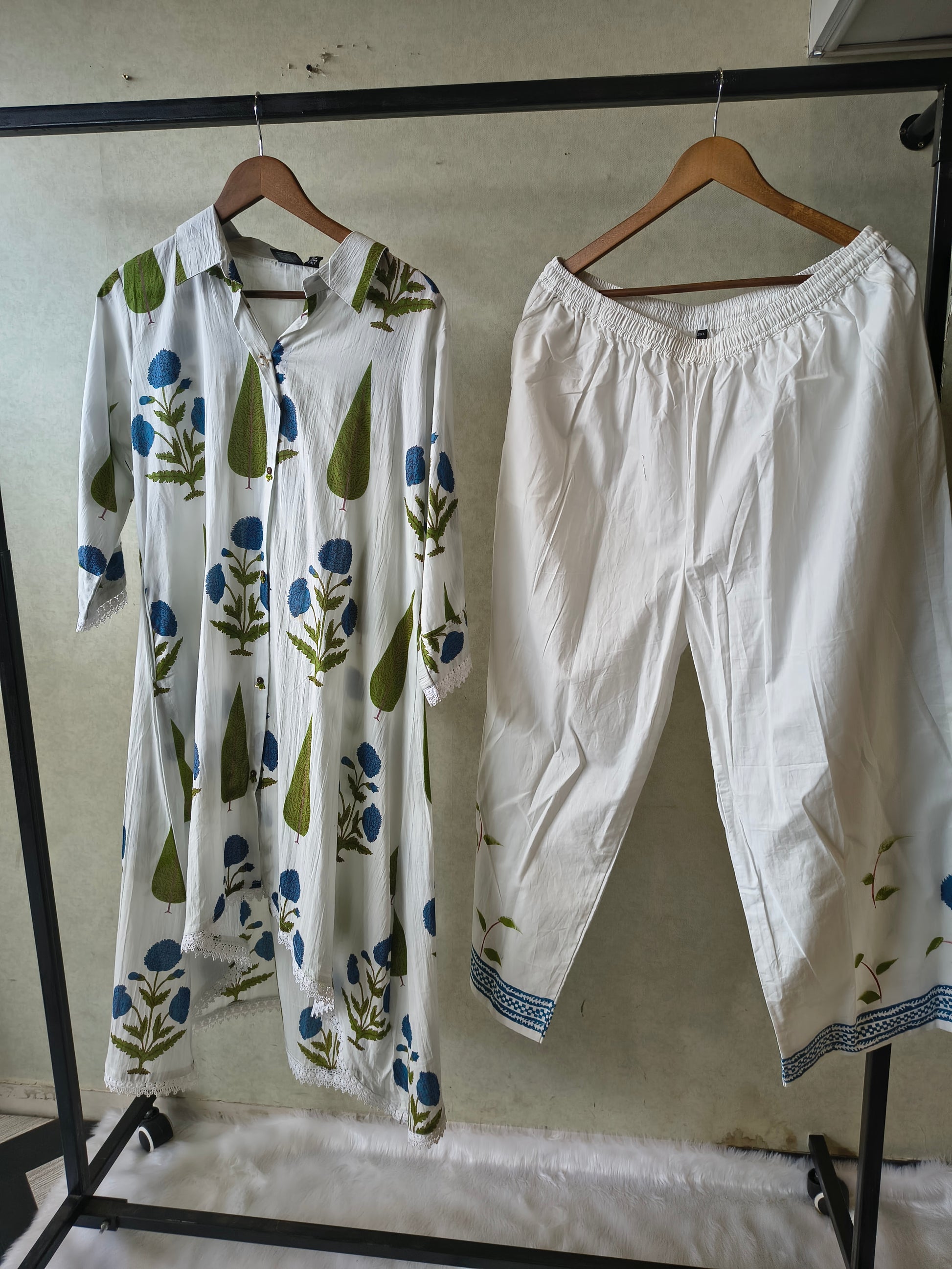 Premium White Botanical Printed High-Low Kurta Set with Designer Pants
