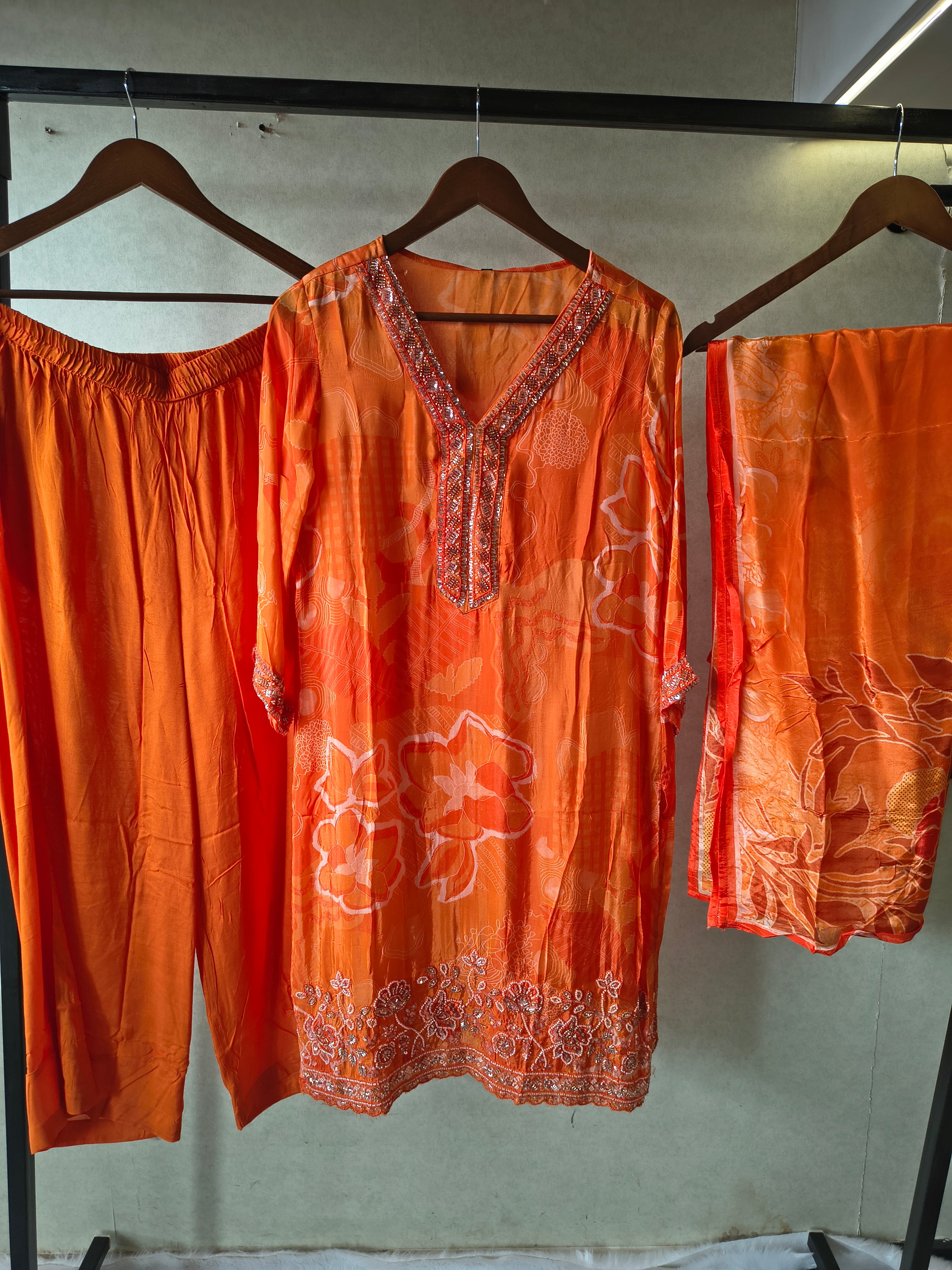 Image of Burnt Orange Printed Silk Blend Kurta Set with Embellished Neckline & Floral Border – Premium 3 Piece Ethnic Ensemble
