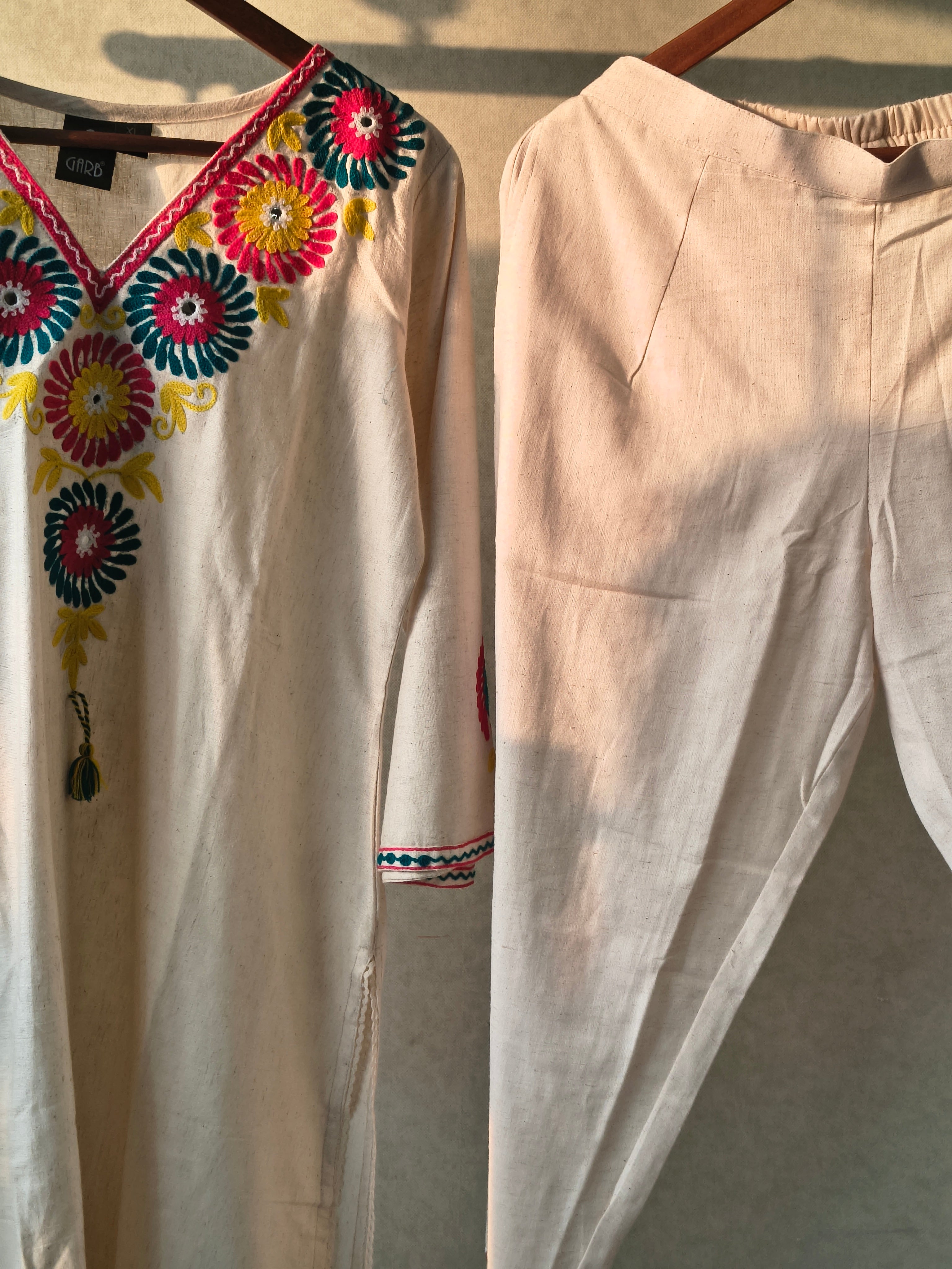Image of Premium Hand Embroidered Floral Straight Kurta Co-Ord Set with Tapered Pants