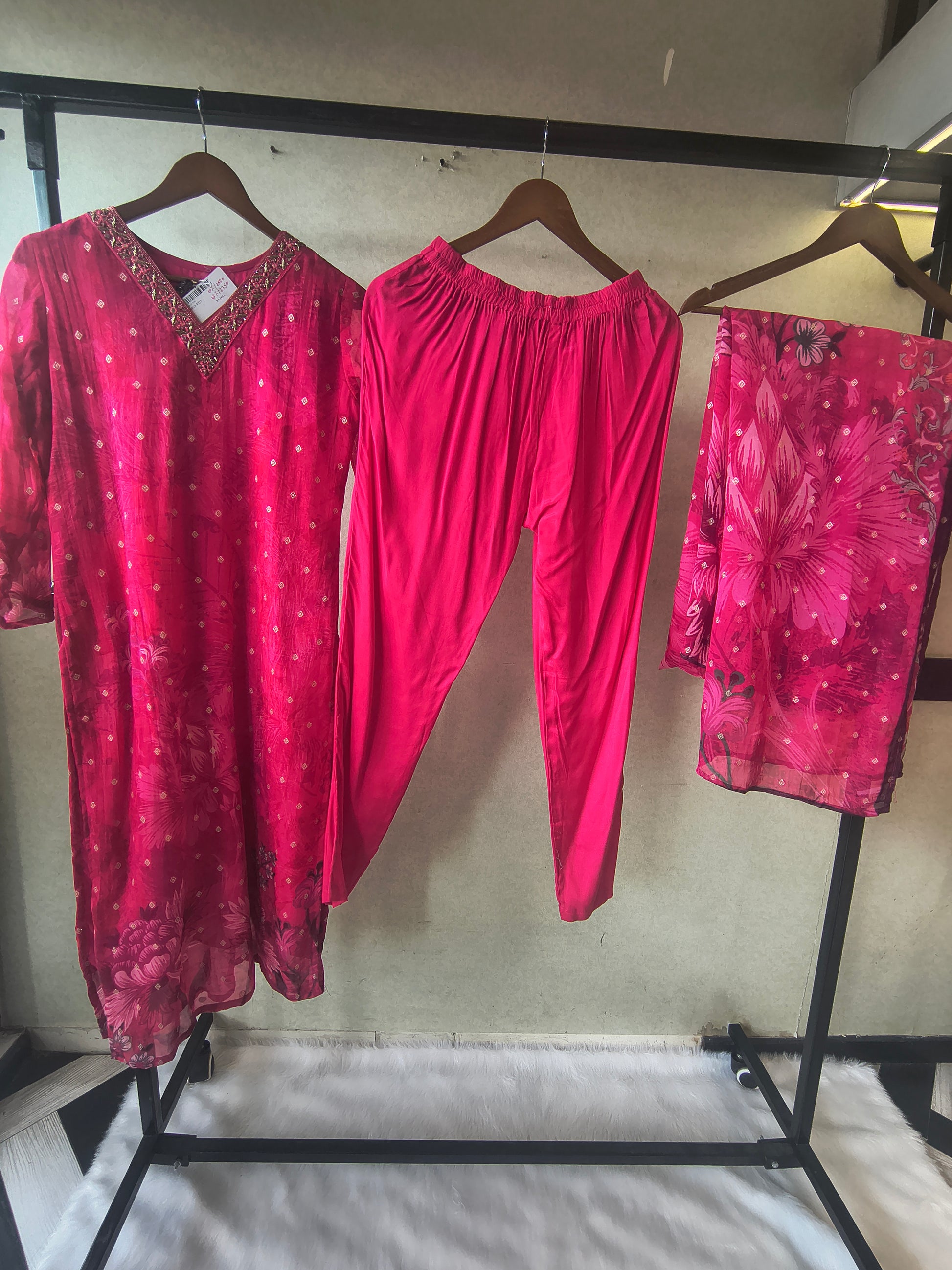 Premium Fuchsia Floral Printed Straight Kurta with Cigarette Pants & Dupatta Set