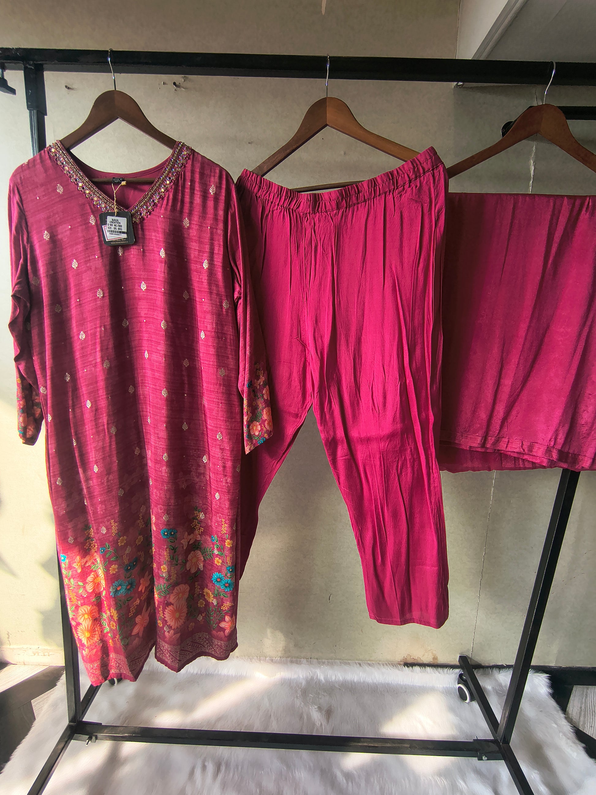Premium Magenta Floral Printed Kurta Set with Solid Pants & Dupatta