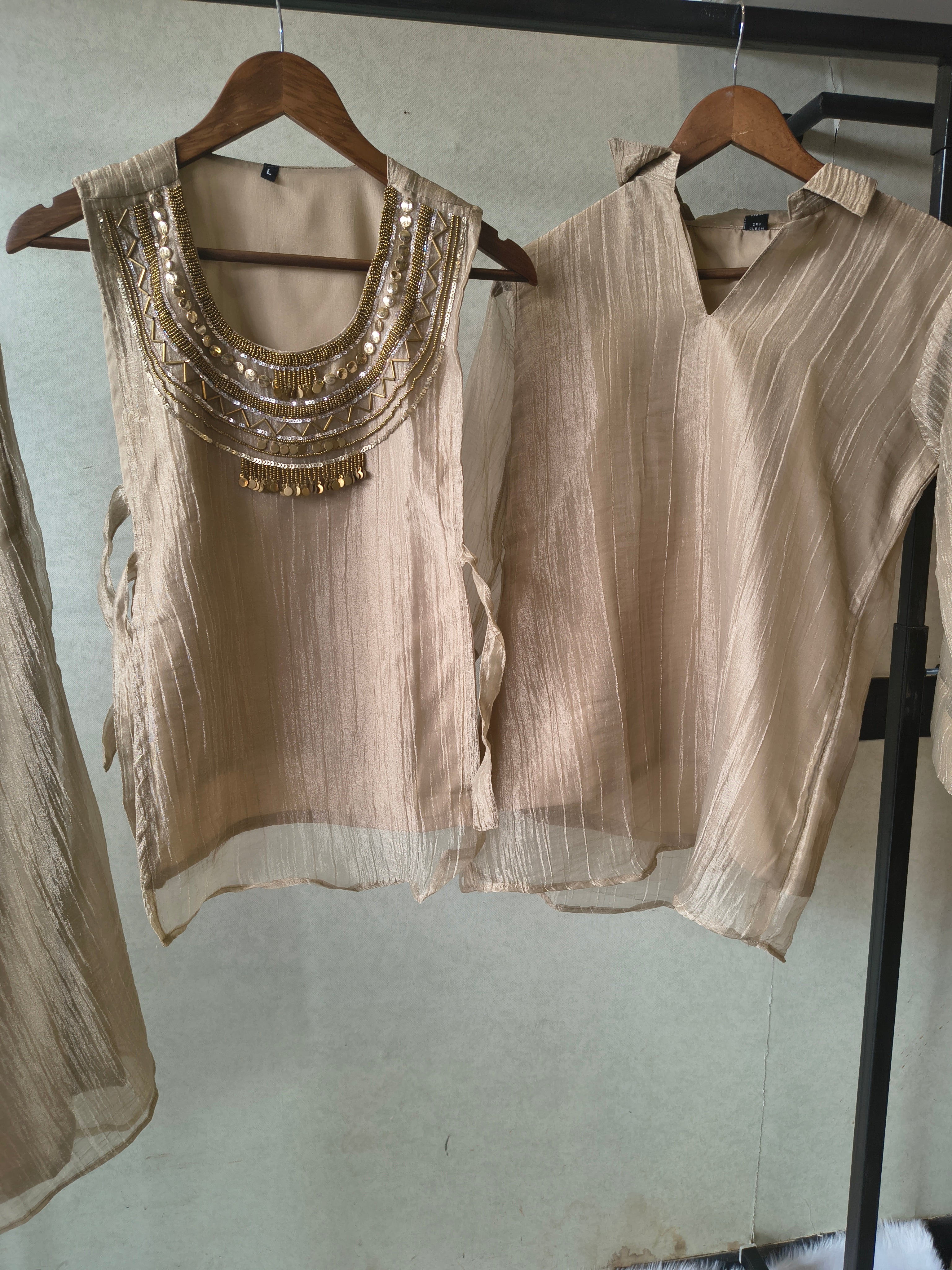 Image of Premium Champagne Tissue Silk 3-Piece Co-Ord Set with Statement Hand Embellished Jacket, Inner & Palazzo
