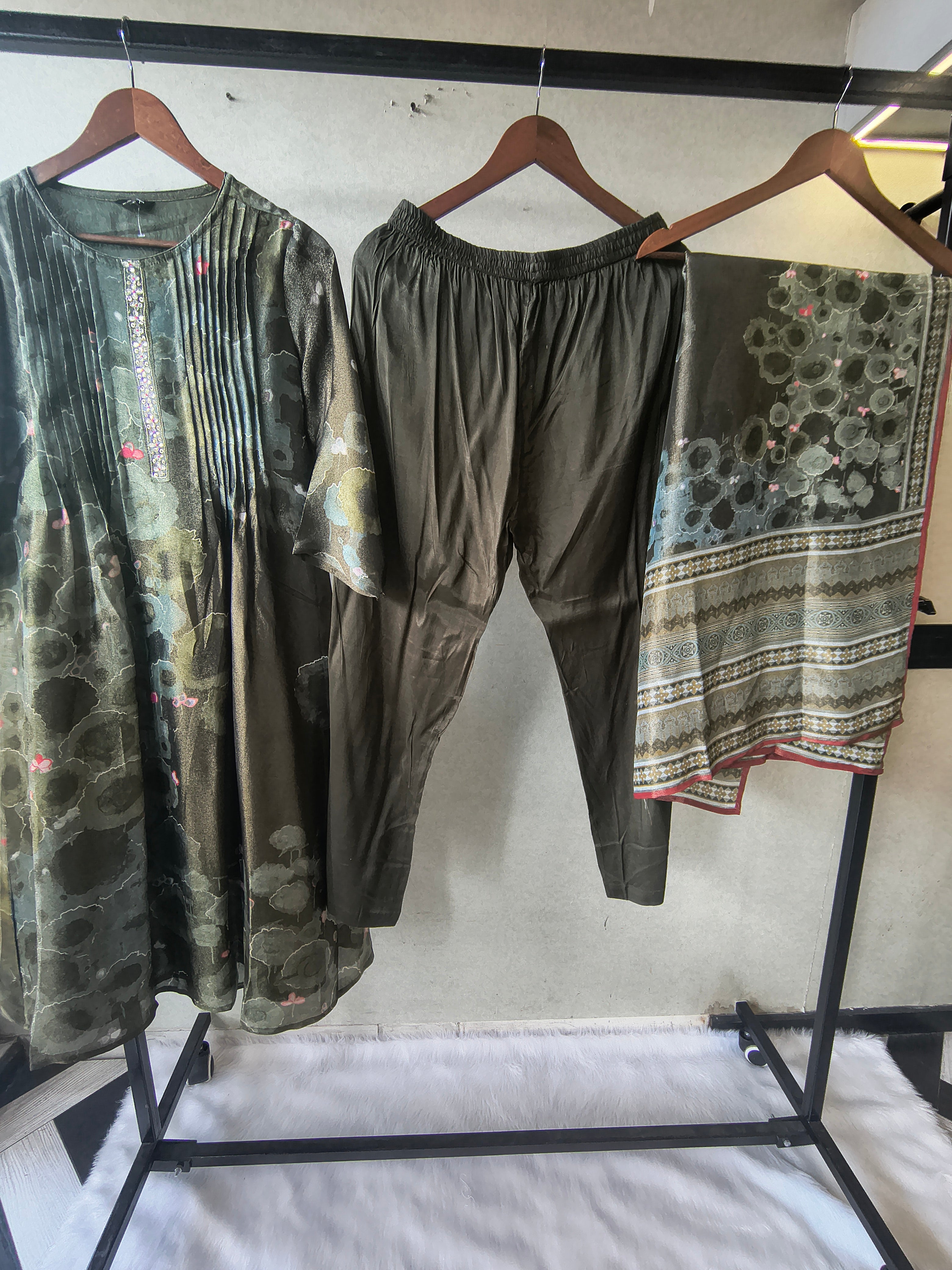 Image of Premium Olive Green Abstract Printed A-Line Kurta Set with Dupatta