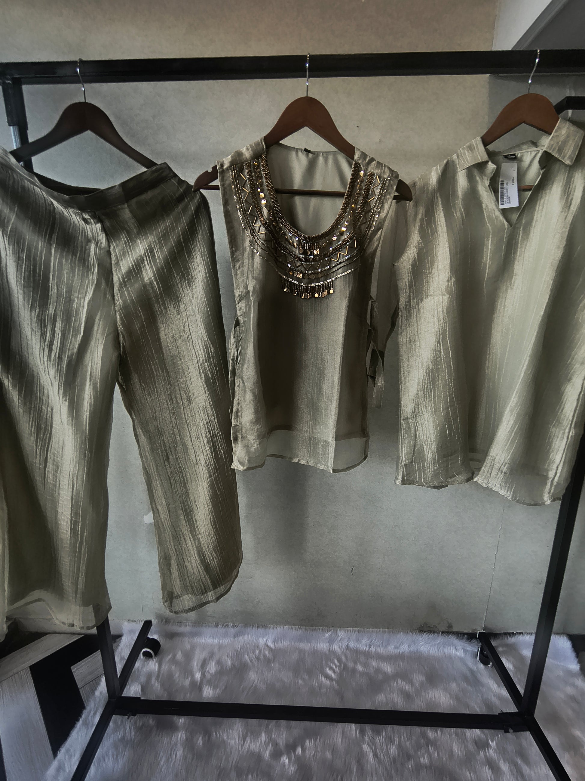 Premium Sage Grey Tissue Silk 3-Piece Co-Ord Set with Antique Hand Embellished Jacket, Inner & Palazzo