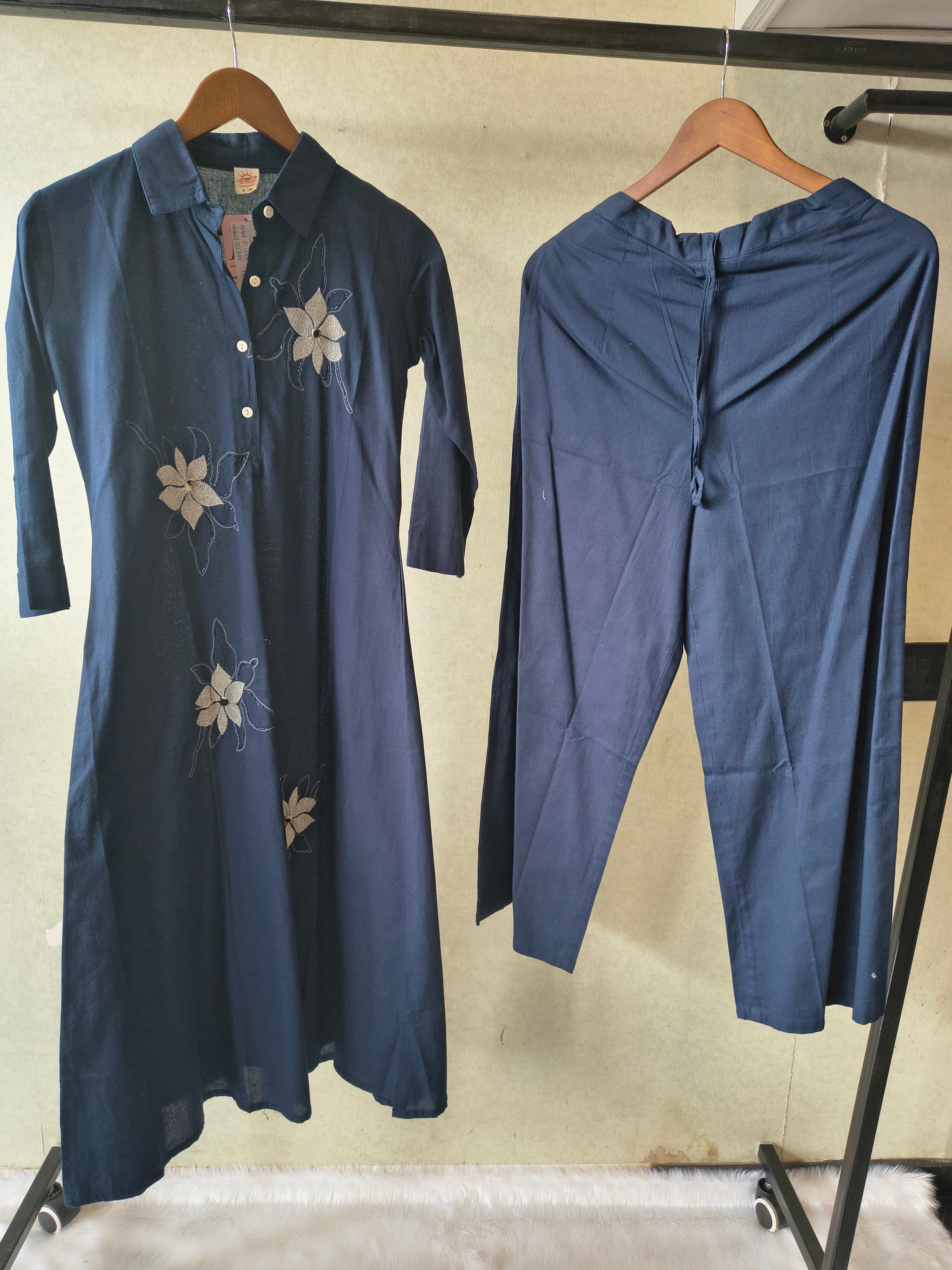 Image of Tadko Premium Navy Blue A-Line Kurta Set with Floral Appliqué Embroidery & Straight Pants