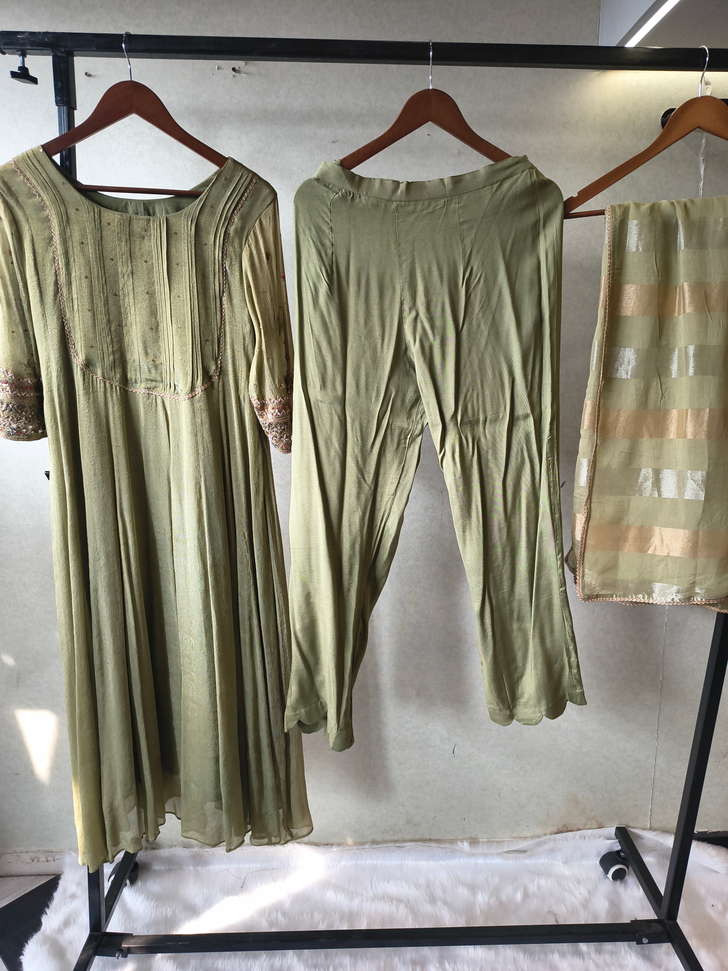 Image of Sage Green Georgette Anarkali Suit Set with Pintuck Yoke, Embroidered Sleeves & Metallic Striped Dupatta – Premium 3 Piece Ethnic Ensemble
