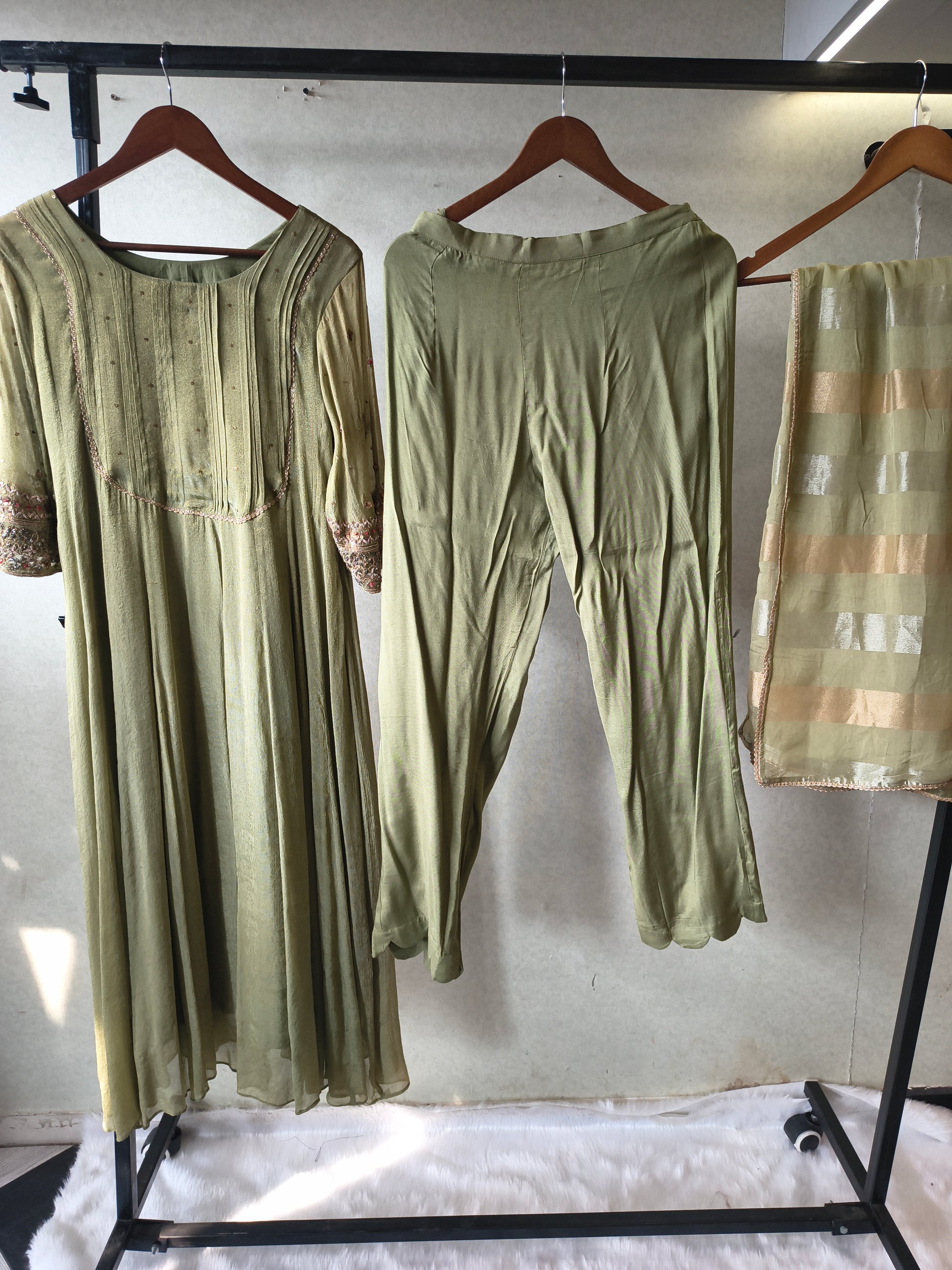 Sage Green Georgette Anarkali Suit Set with Pintuck Yoke, Embroidered Sleeves & Metallic Striped Dupatta – Premium 3 Piece Ethnic Ensemble