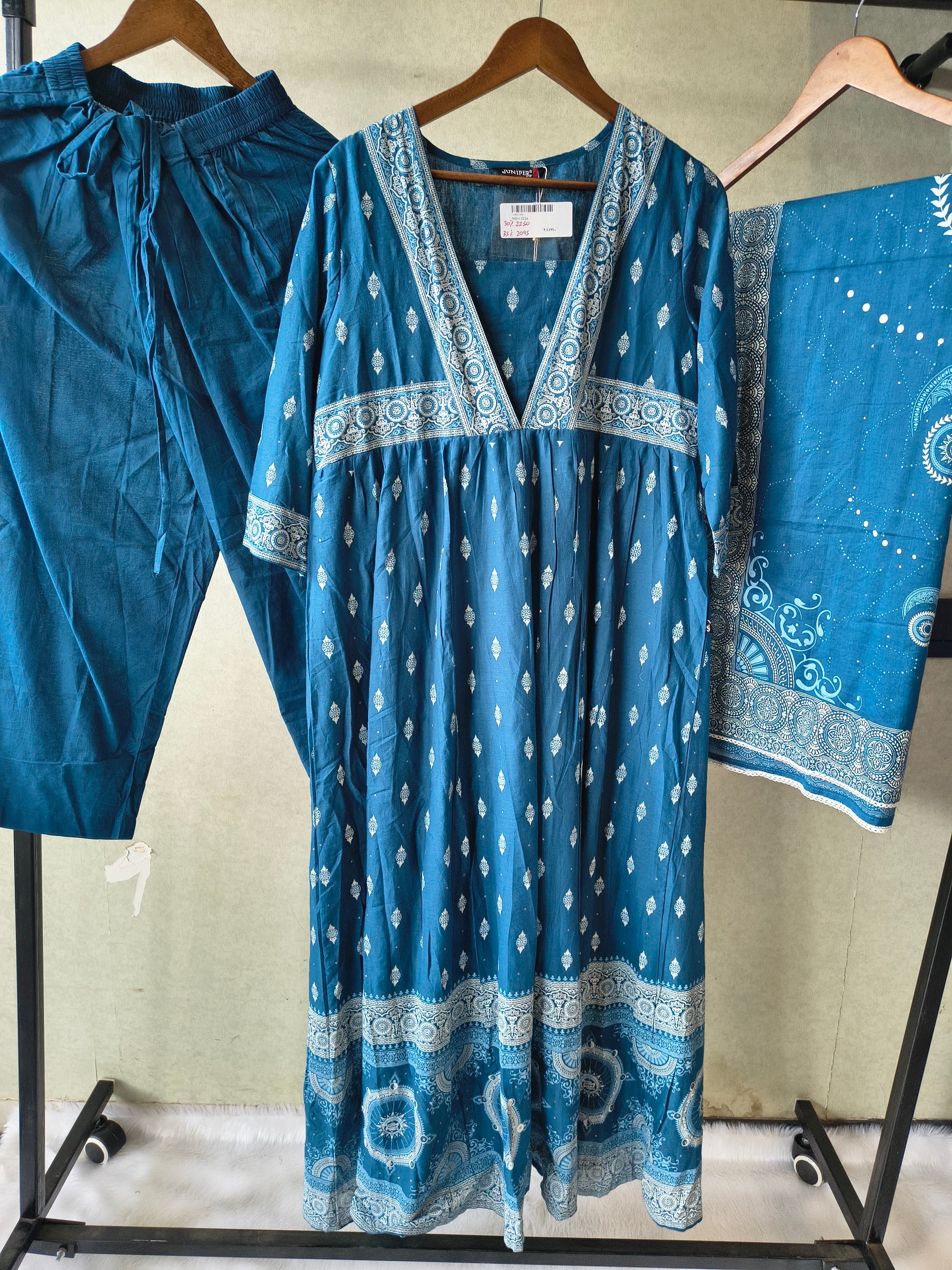 Juniper Premium Teal Blue Printed Cotton Kurta Set with Solid Pants & Printed Dupatta