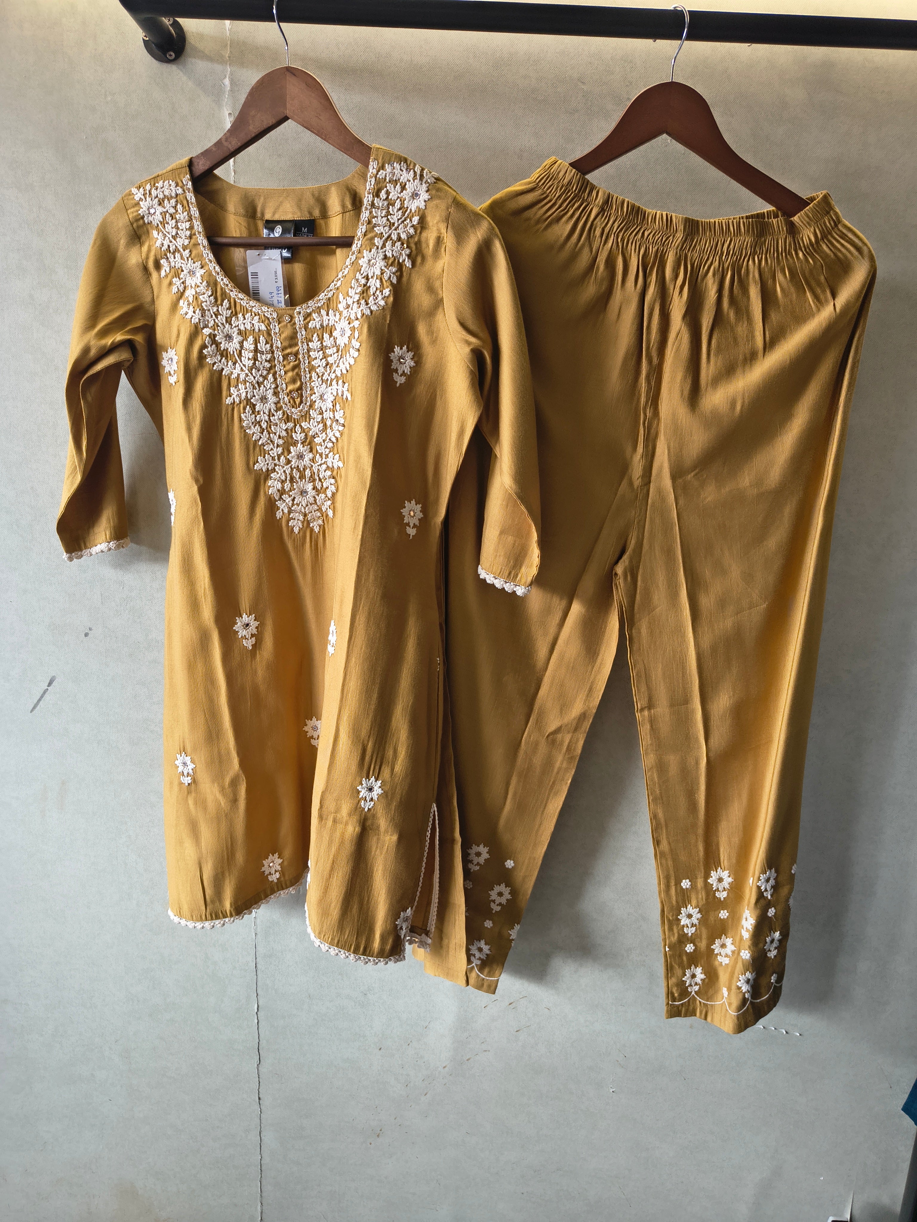 Image of Mustard Yellow White Embroidered Premium Kurta Pant Co-Ord Set