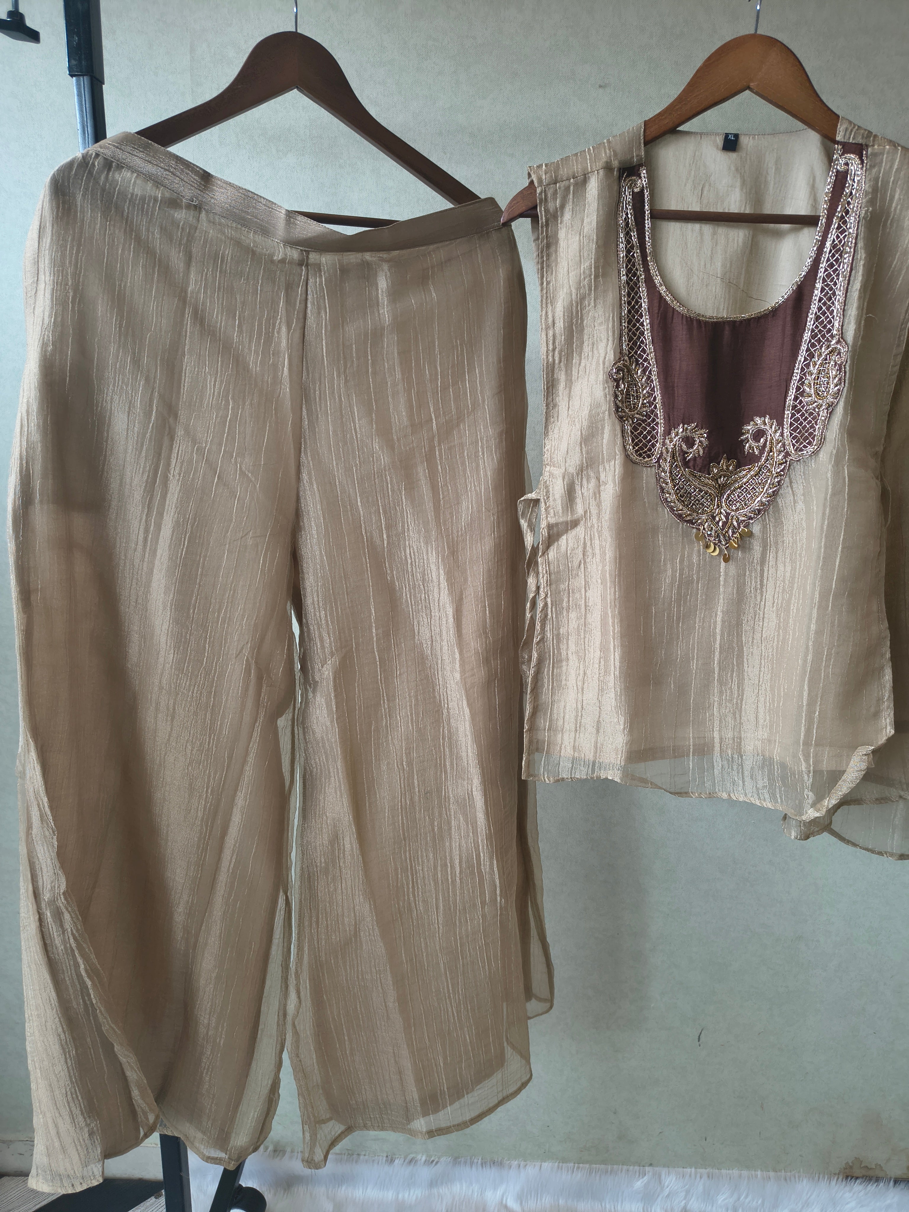 Image of Premium Taupe Tissue Silk 3-Piece Co-Ord Set with Antique Embroidered Jacket, Inner & Palazzo