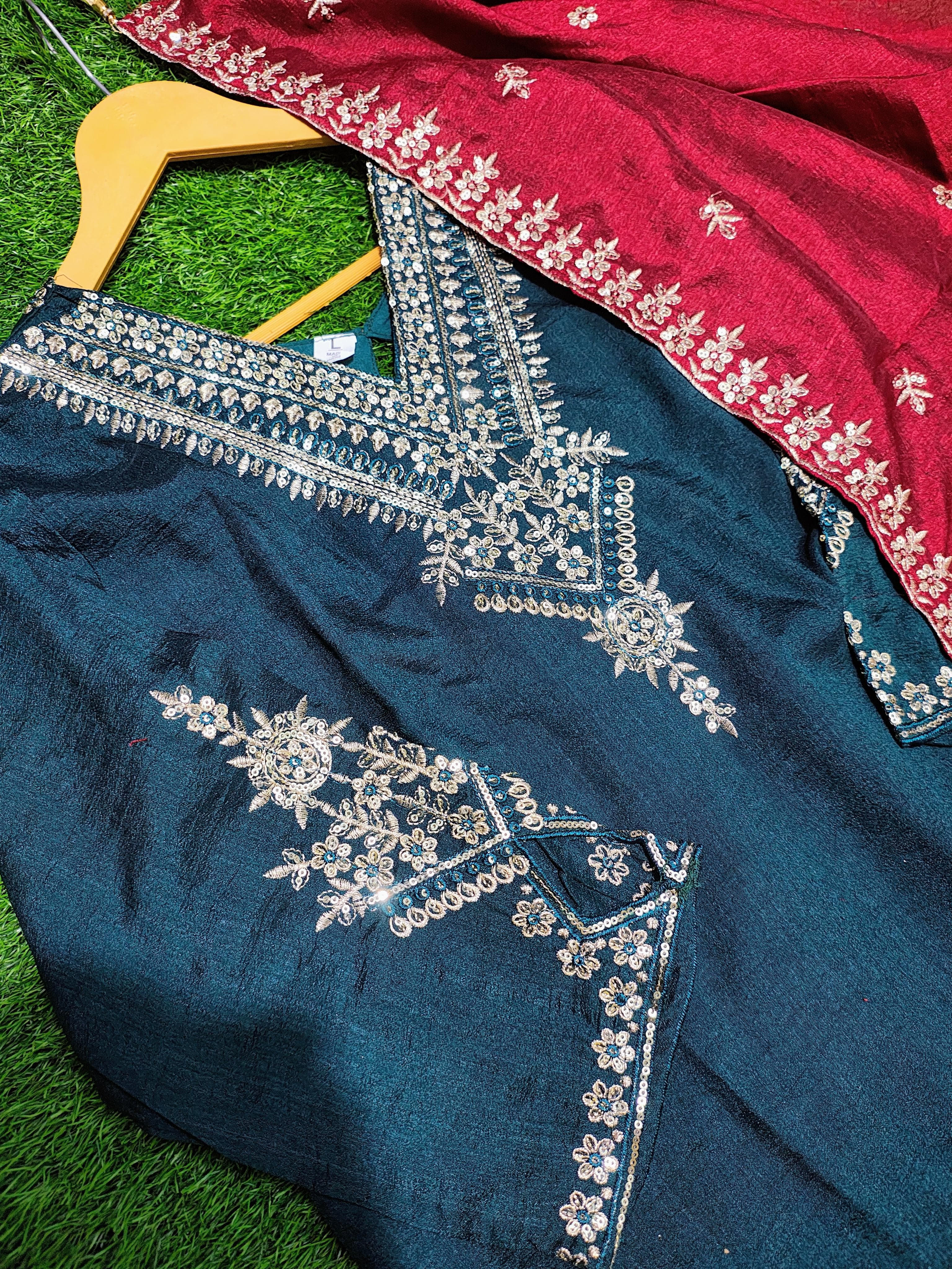 Image of Presenting Beautiful Heavy VICHITRA BLUMING Silk Fabric designer festive wear kurti pant and duppta with Coding work with lining