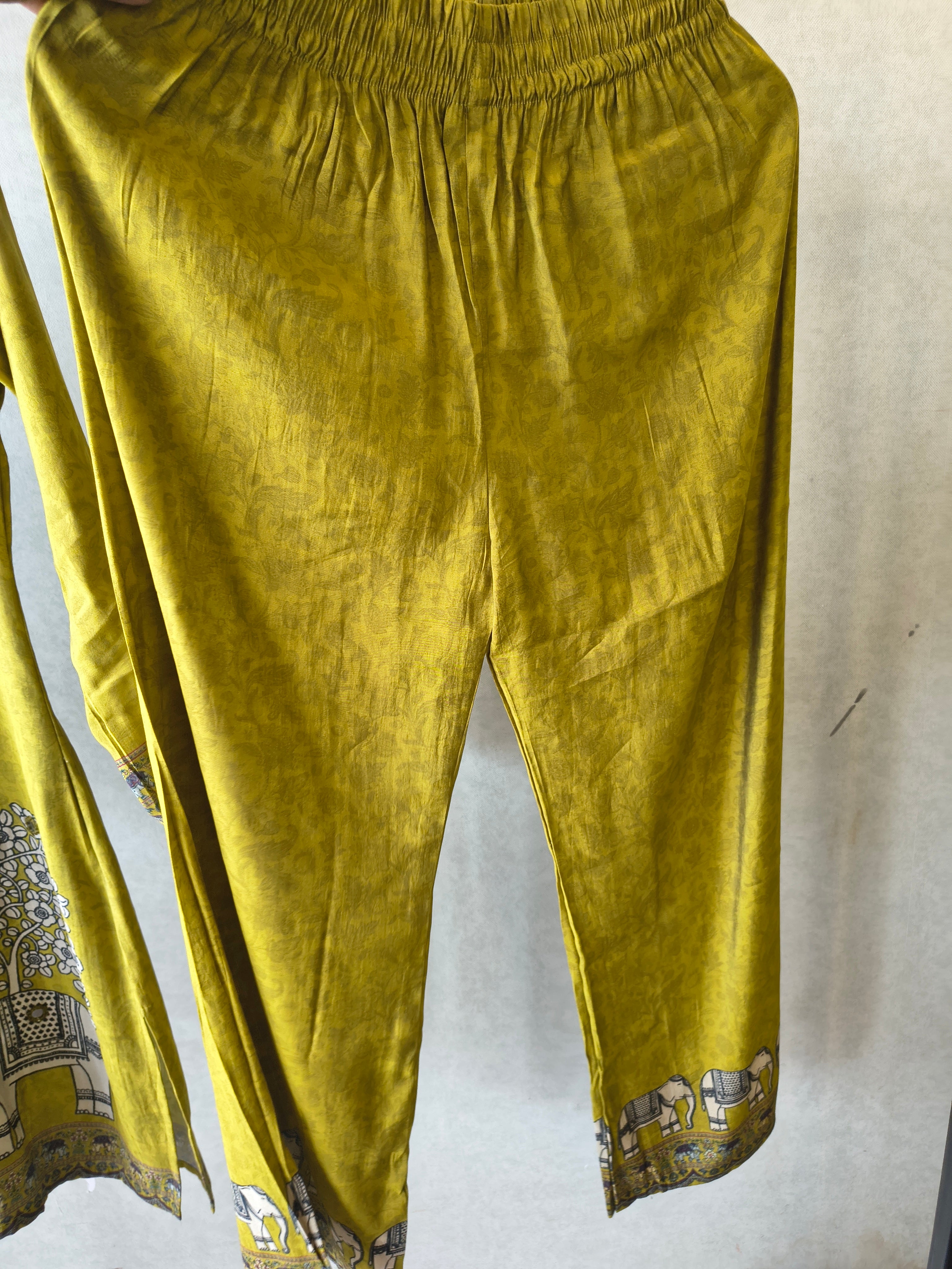 Image of Mustard Yellow Elephant Print Designer Co-Ord Set with Asymmetrical Hem