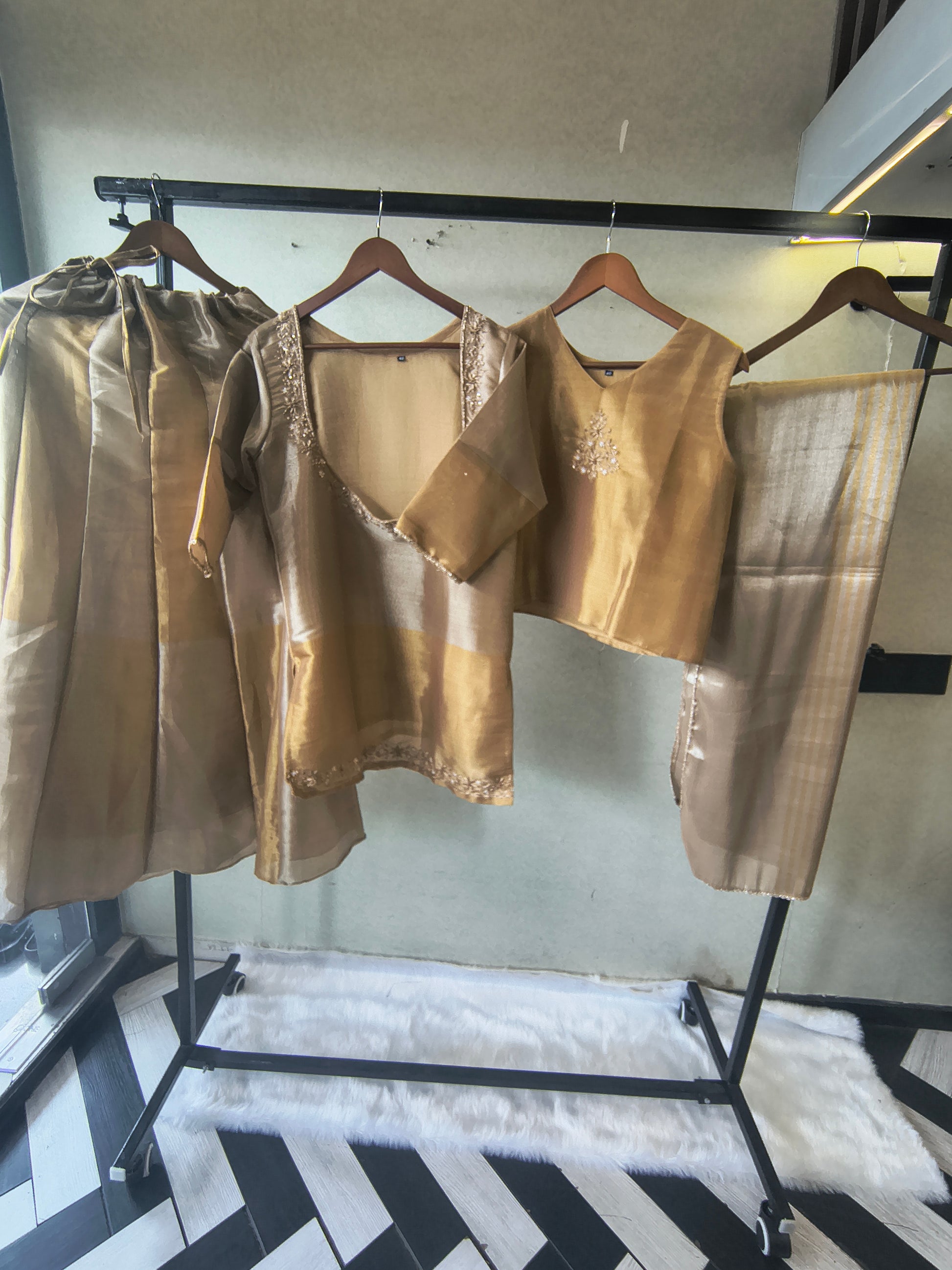 Champagne Gold Tissue Silk Embroidered Layered Kurta with Inner, Palazzo & Woven Dupatta – 4 Piece Designer Festive Set