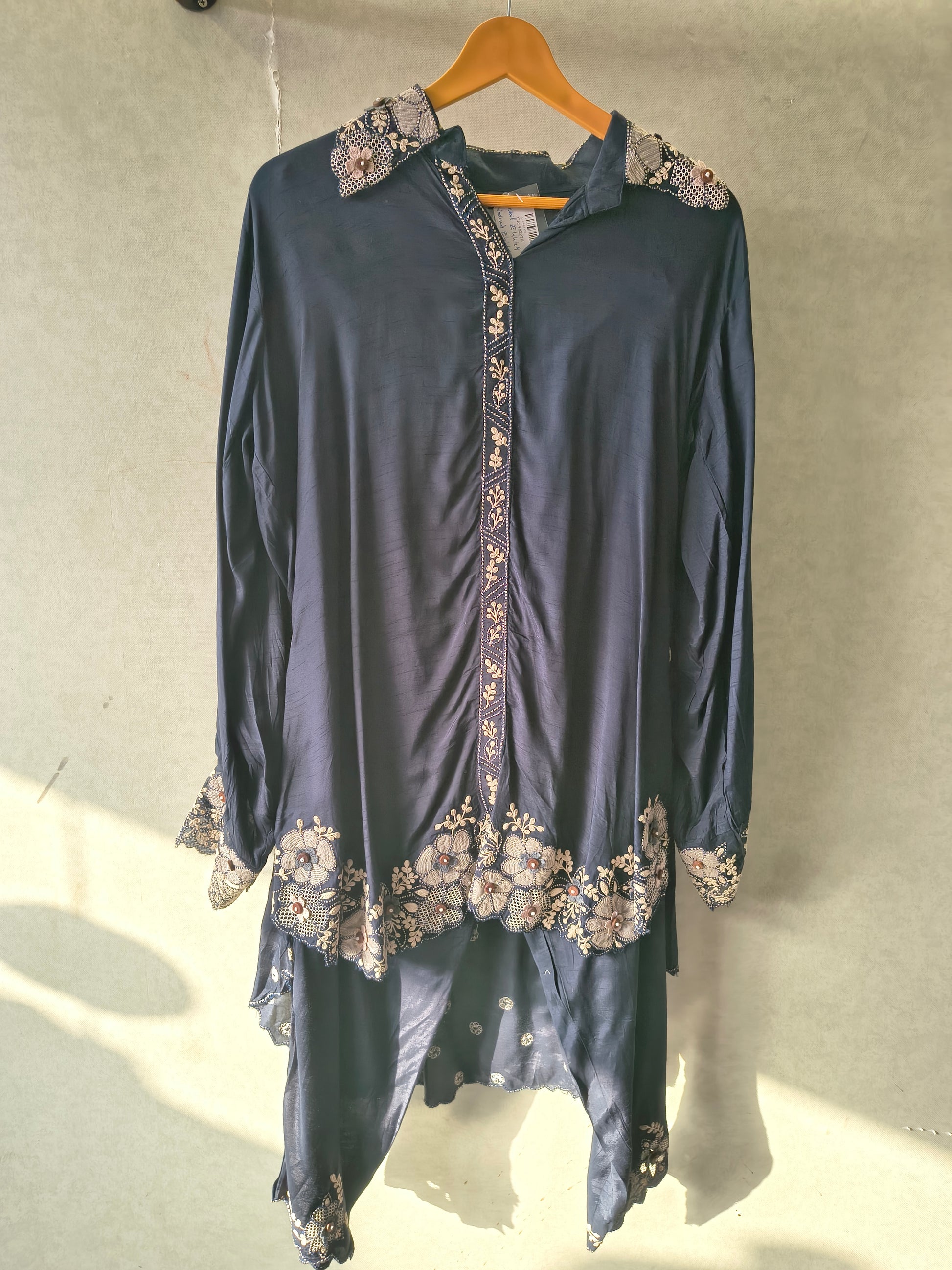 Blue Embroidered Designer Co-Ord Set with Organza Hem