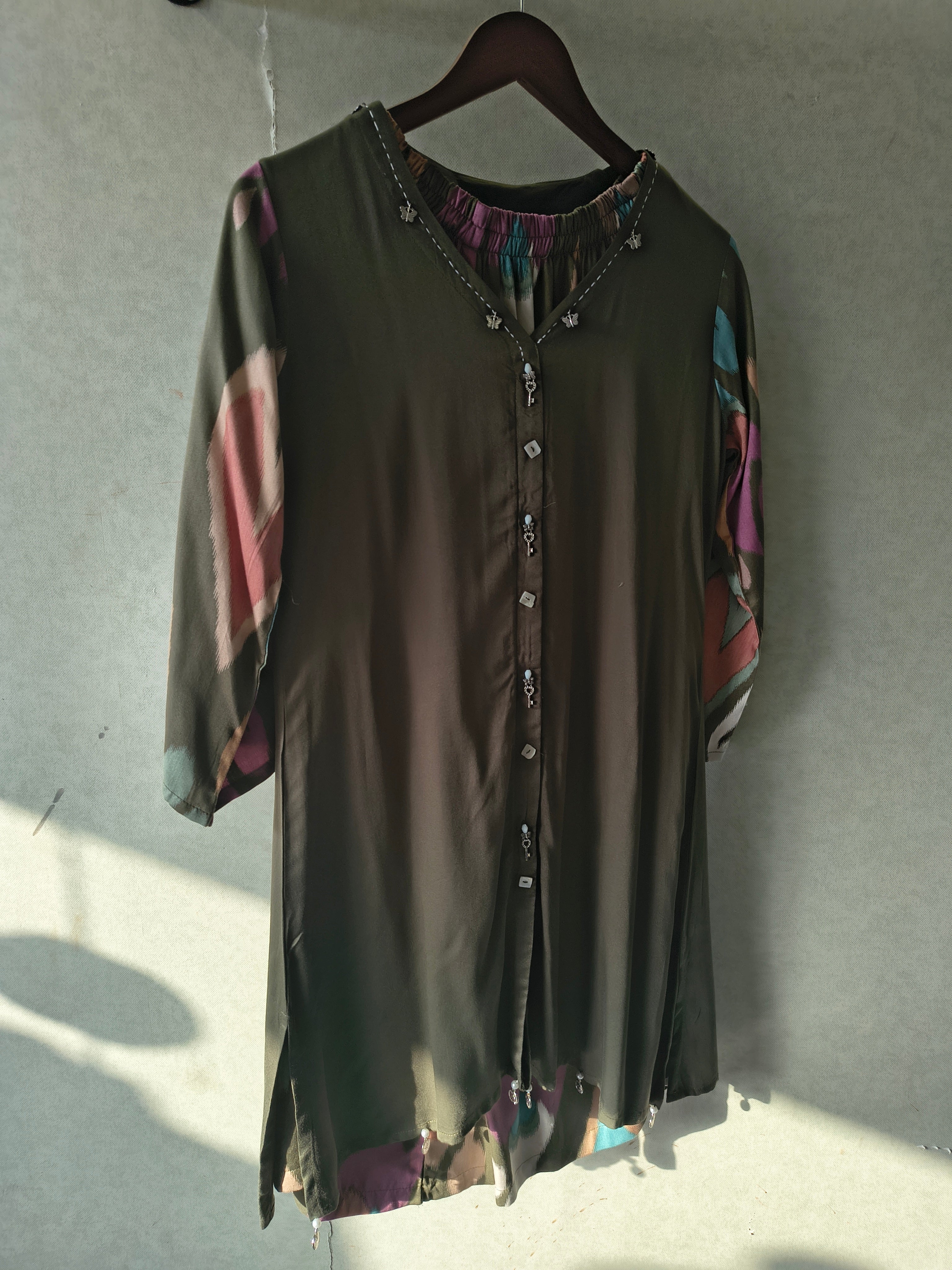 Image of Olive Green Designer Co-Ord Set with Abstract Printed Pants & Embellished Neckline
