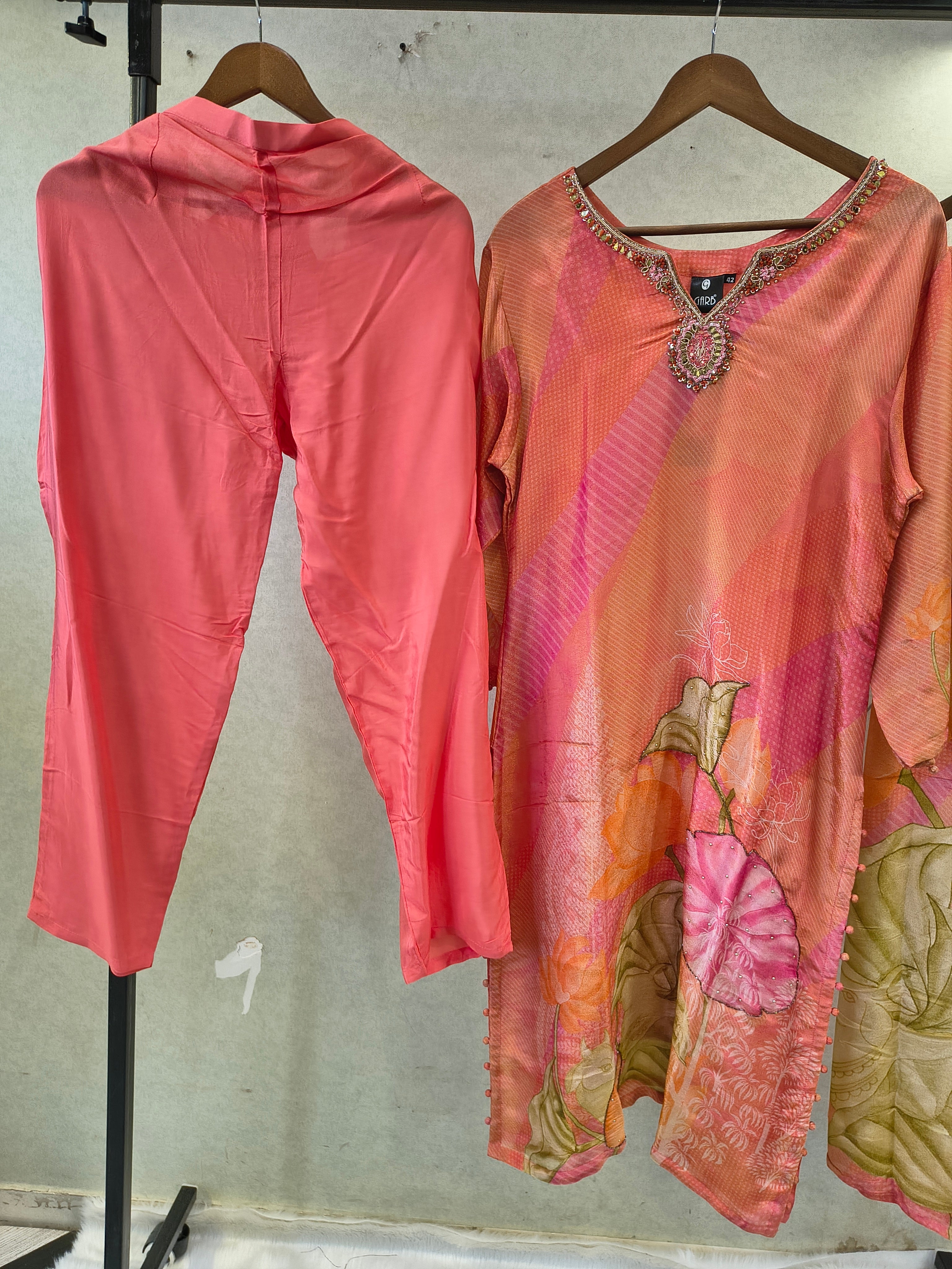 Image of Coral Pink Floral Printed Designer Kurta Set with Embellished Neckline & Printed Dupatta | Premium 3 Piece Festive Ensemble