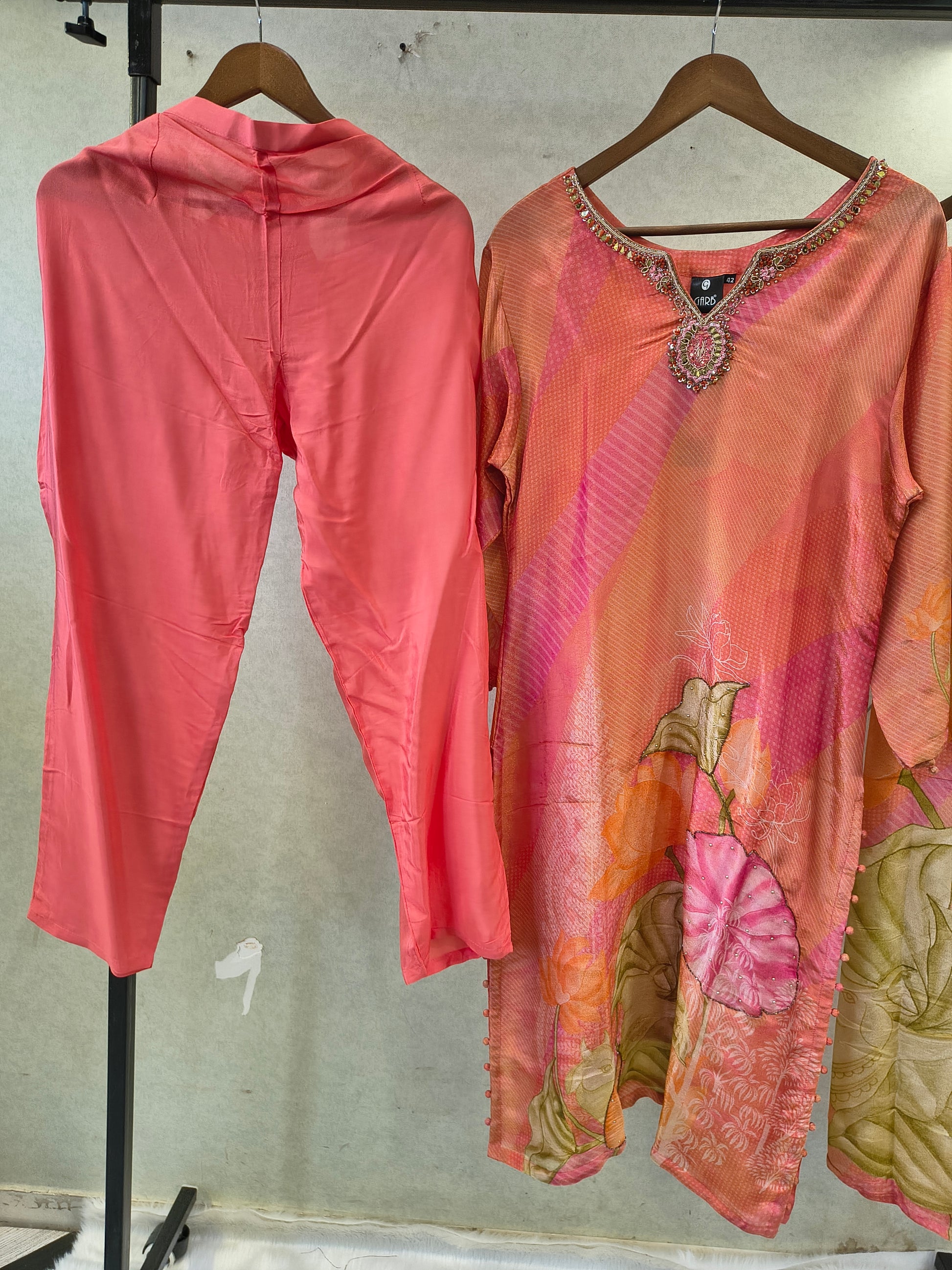 Coral Pink Floral Printed Designer Kurta Set with Embellished Neckline & Printed Dupatta | Premium 3 Piece Festive Ensemble