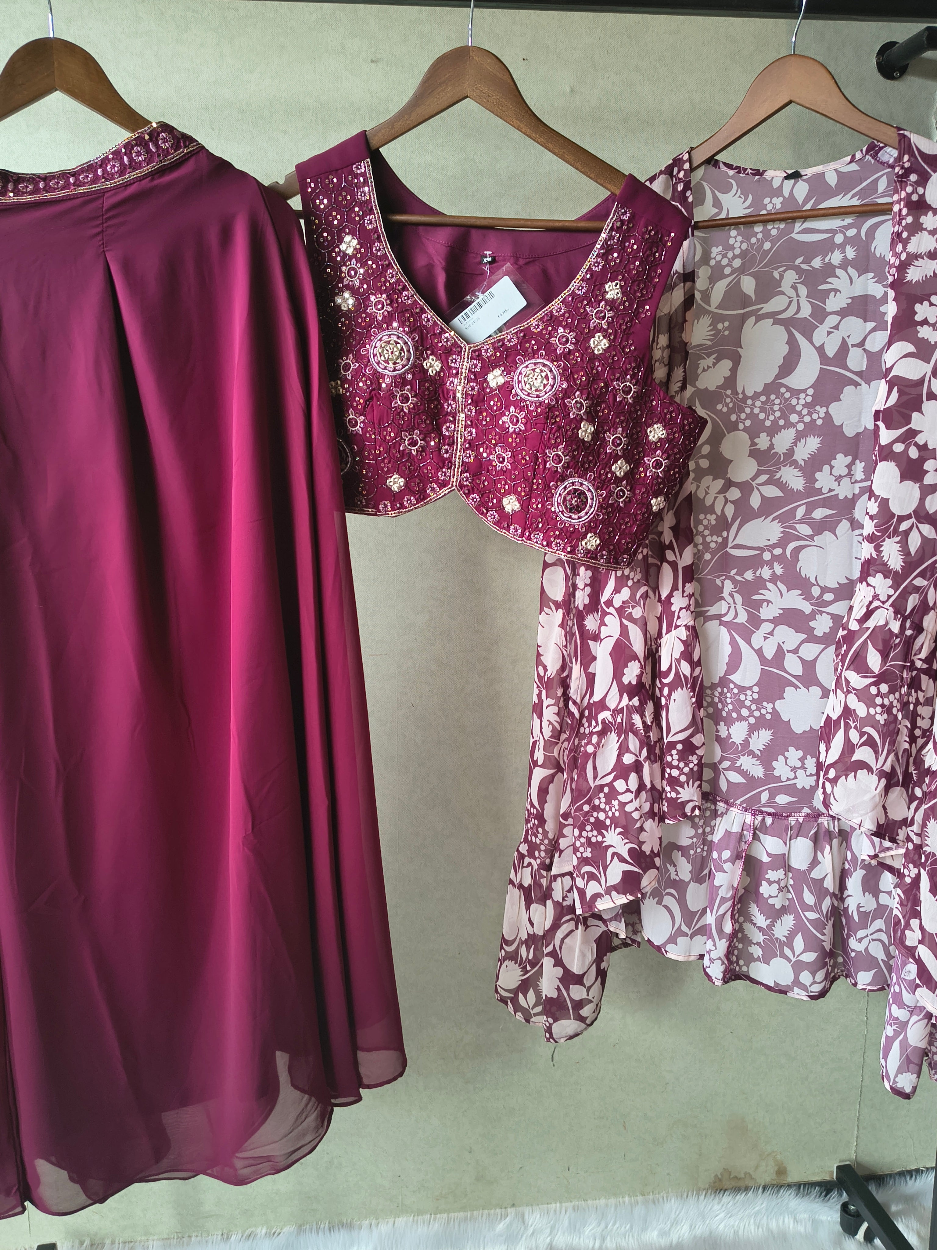 Image of Luxury Wine Embroidered Blouse with Printed Peplum Jacket & Flared Palazzo – 3 Piece Designer Indo-Western Set