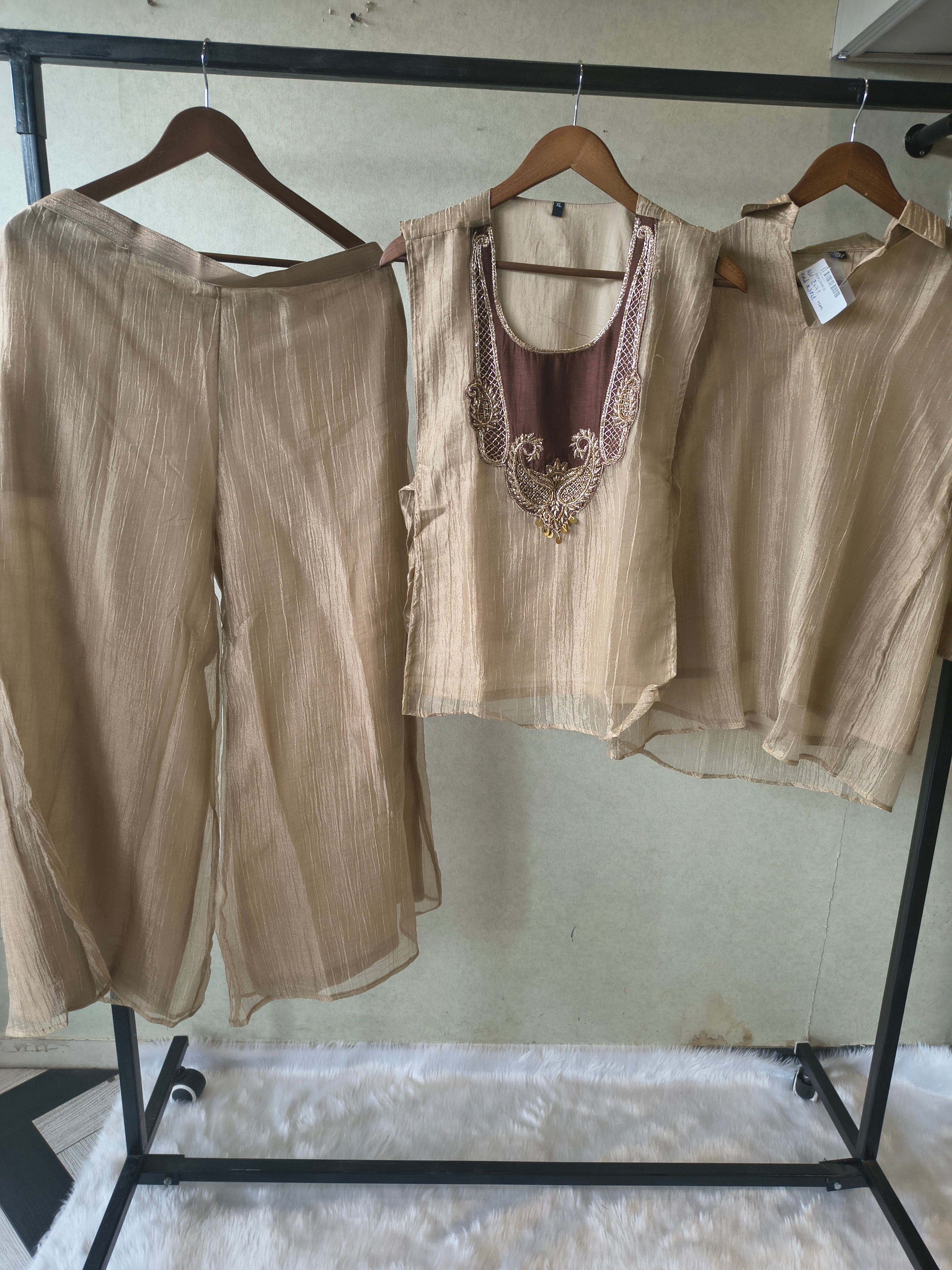 Image of Premium Taupe Tissue Silk 3-Piece Co-Ord Set with Antique Embroidered Jacket, Inner & Palazzo