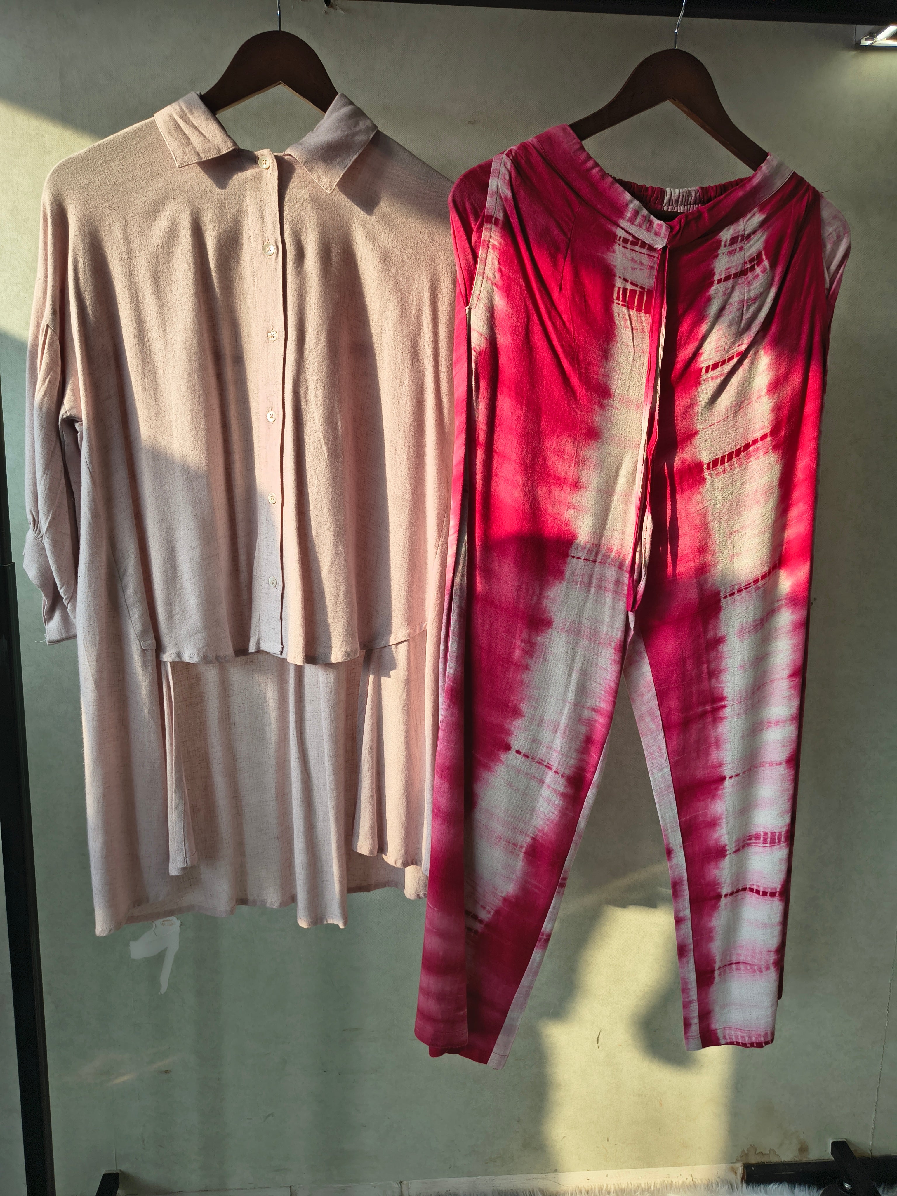 Image of Premium Layered Shirt Style Tunic Co-Ord Set with Tie-Dye Straight Pants
