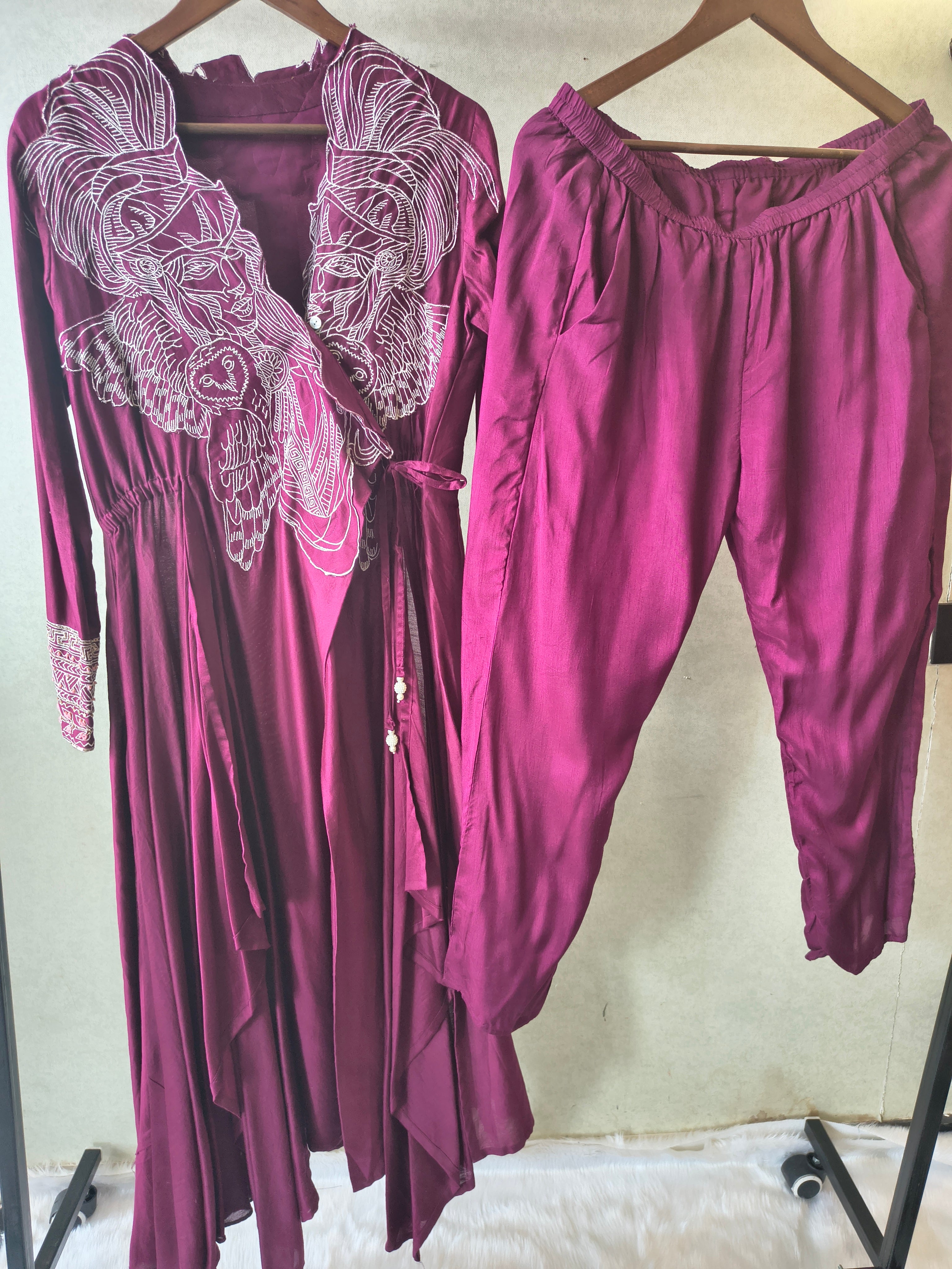 Image of Wine Embroidered Wrap Style Indo-Western Jacket with Dhoti Pants – Designer 2 Piece Fusion Set