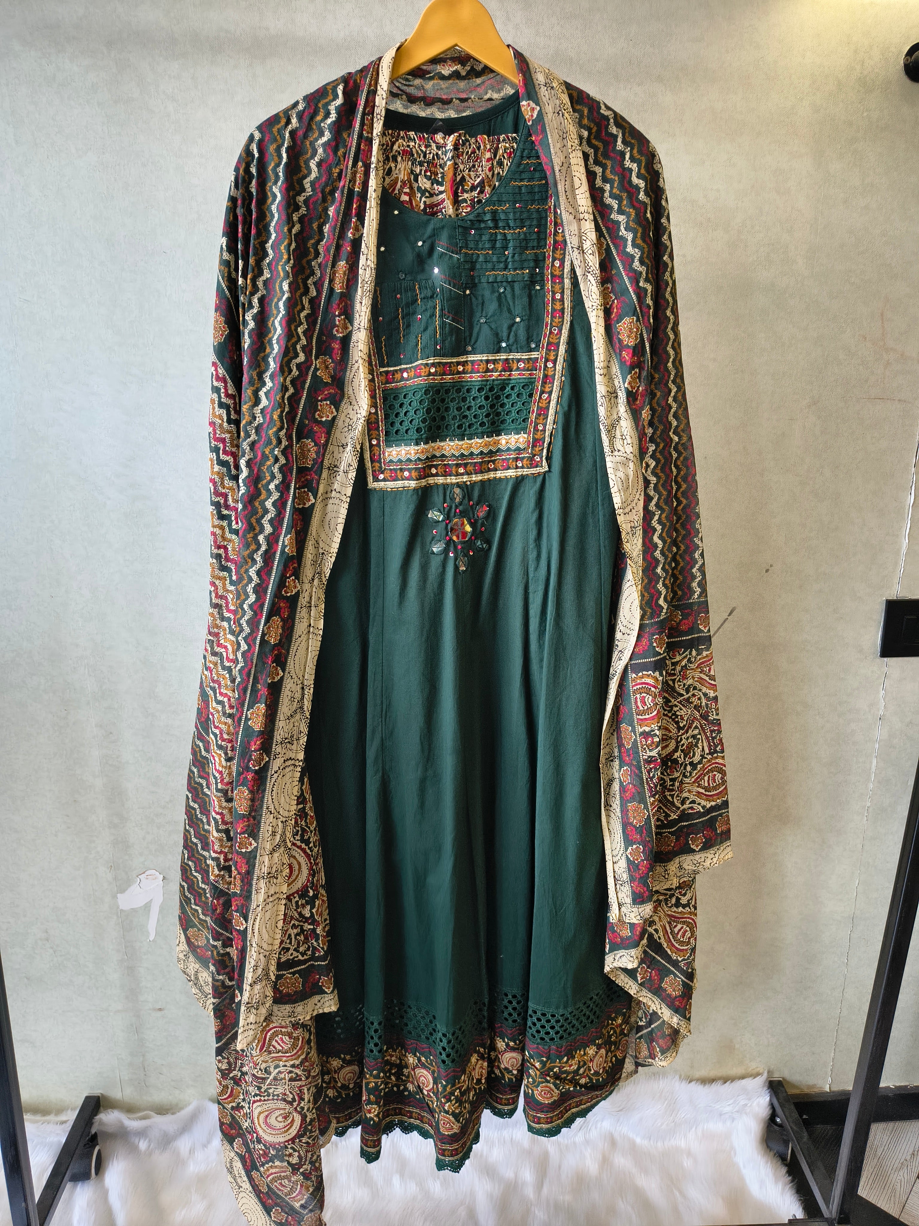 Image of Emerald Green Embroidered Three-Piece Kurta Set with Printed Pant & Designer Dupatta