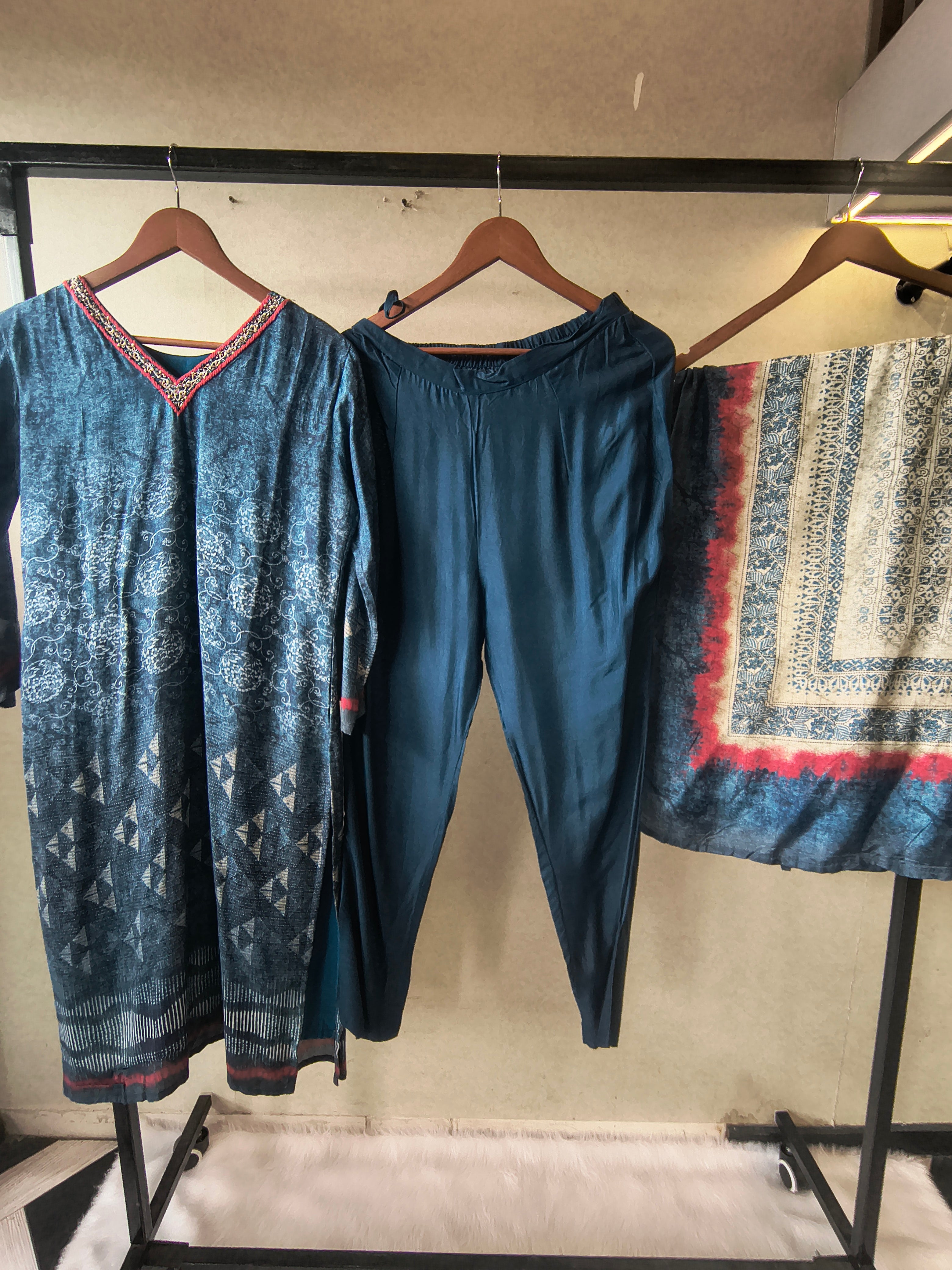 Image of Premium Midnight Blue Printed Kurta with Straight Pants & Artistic Border Dupatta Set