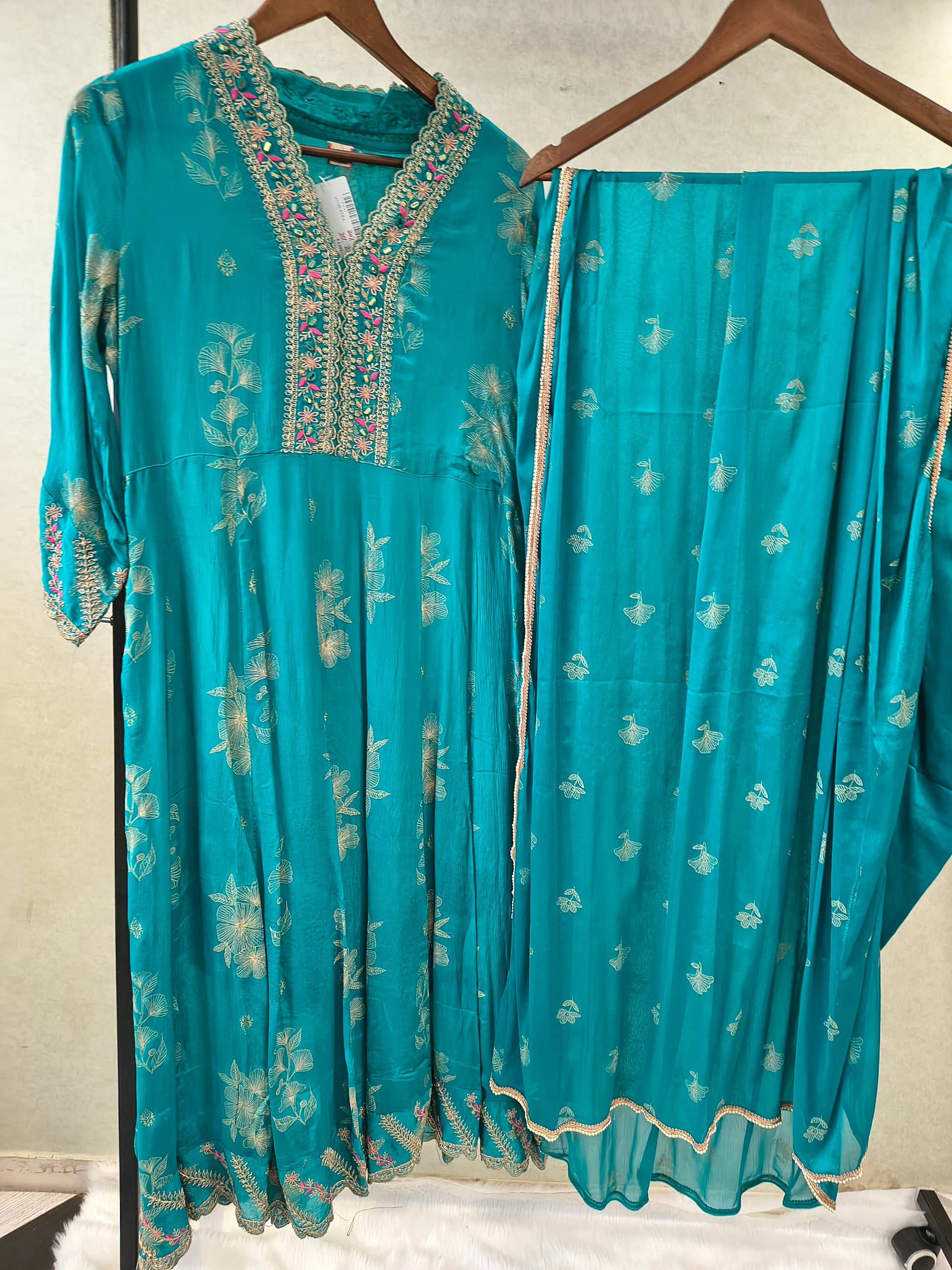 Teal Blue Floral Embroidered Anarkali Kurta Set with Straight Pants & Embroidered Chiffon Dupatta | Premium 3 Piece Festive Ensemble