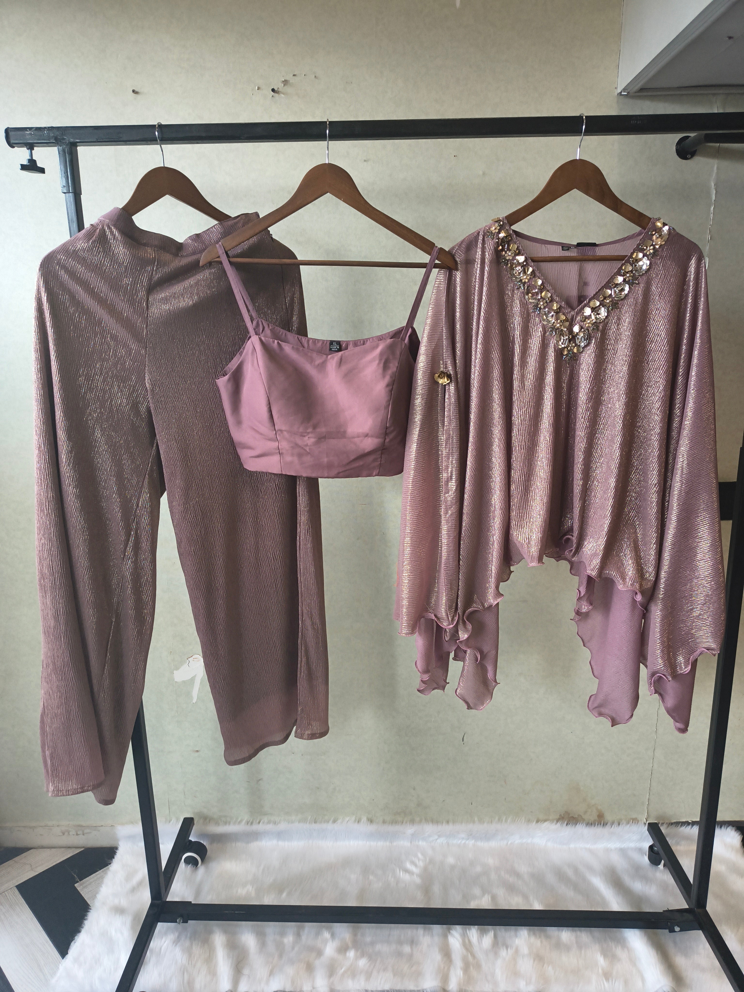 Image of Premium Rose Gold Shimmer Kaftan Co-Ord Set with Hand Embellished Cape & Straight Pants