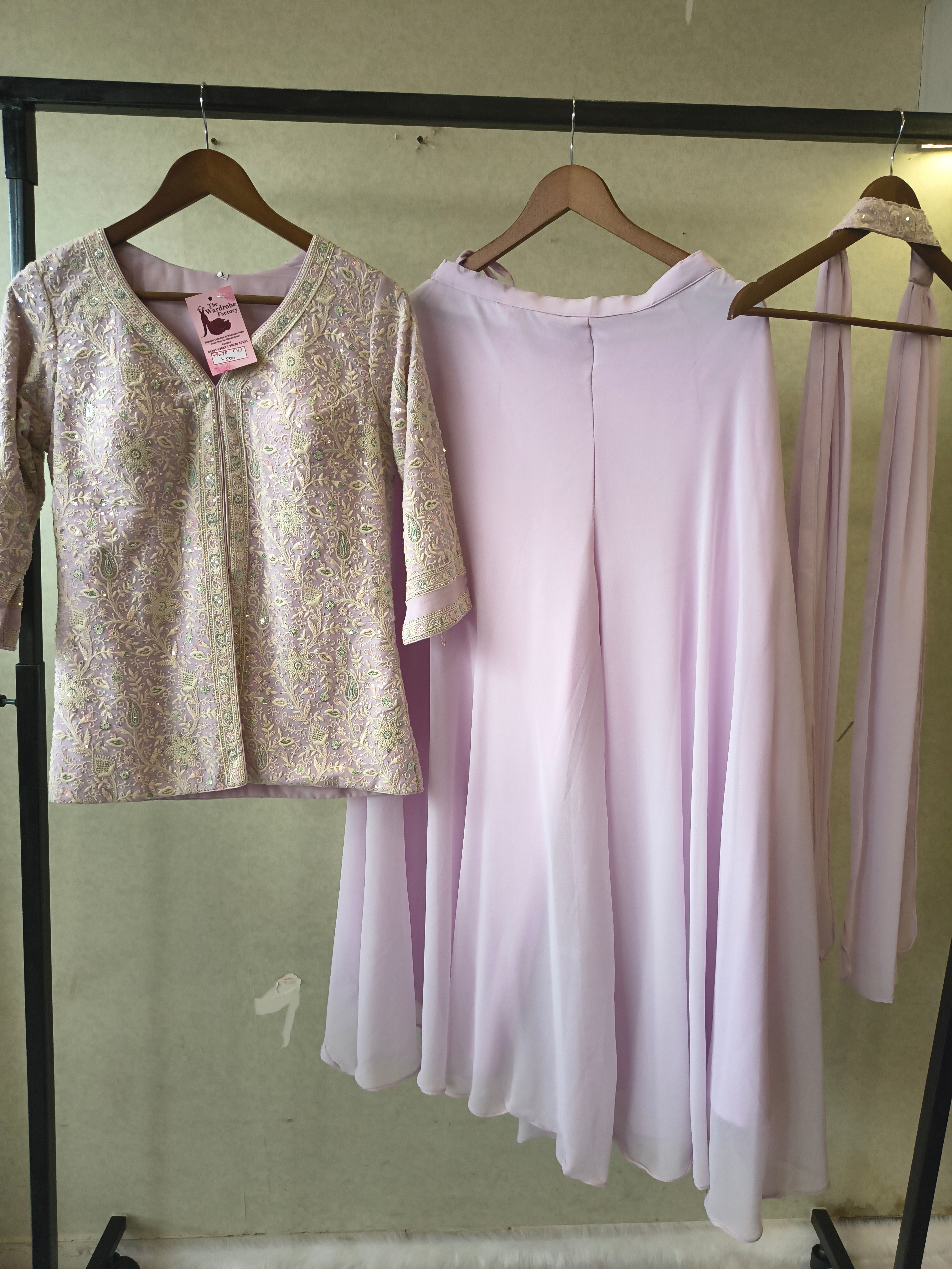 Image of Pastel Lilac Designer Embroidered Peplum Sharara Set with Chiffon Dupatta | Premium 3 Piece Festive Ensemble