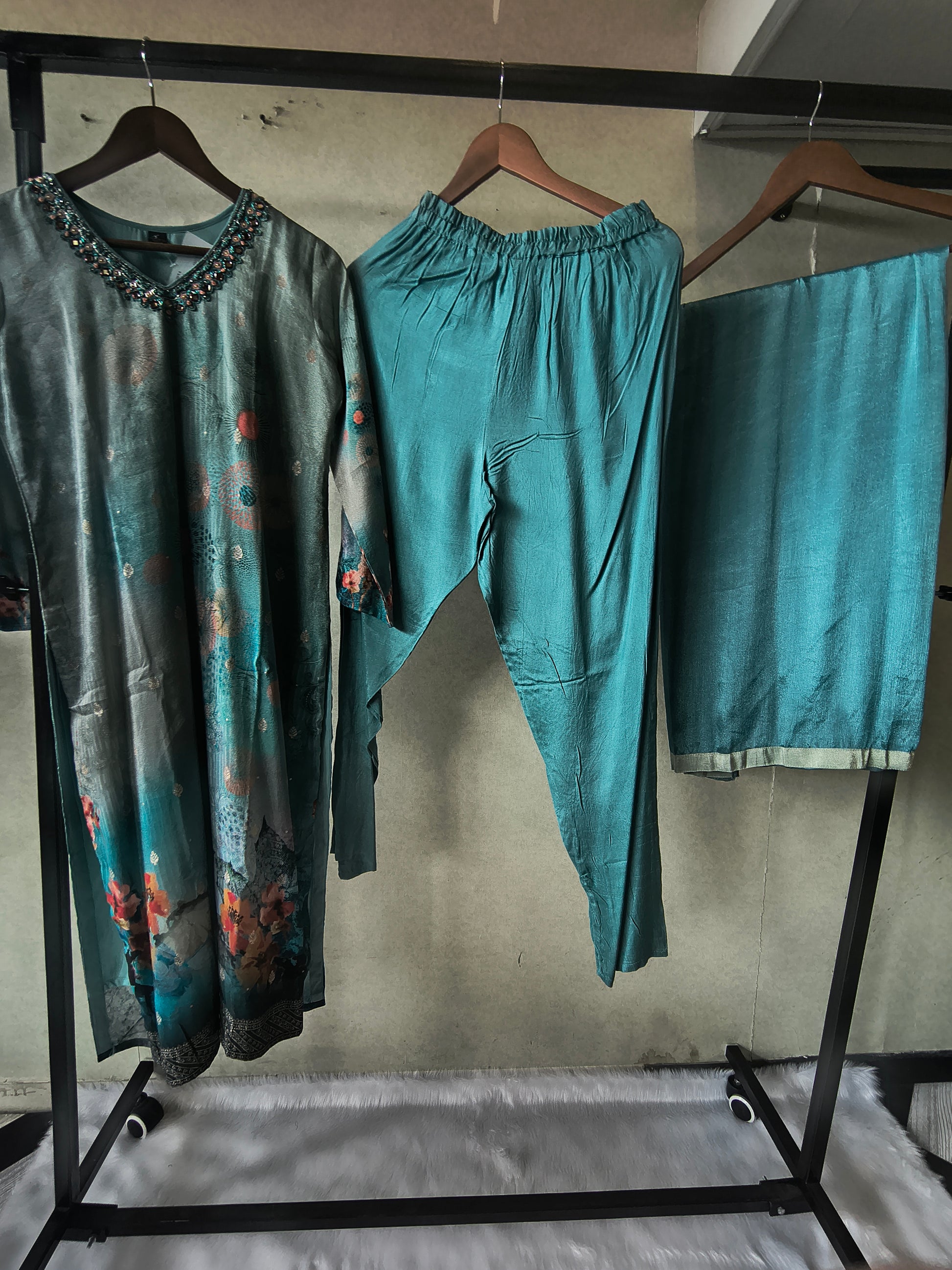 Premium Teal Digital Floral Printed Silk Blend Kurta Set with Solid Pants & Chiffon Dupatta