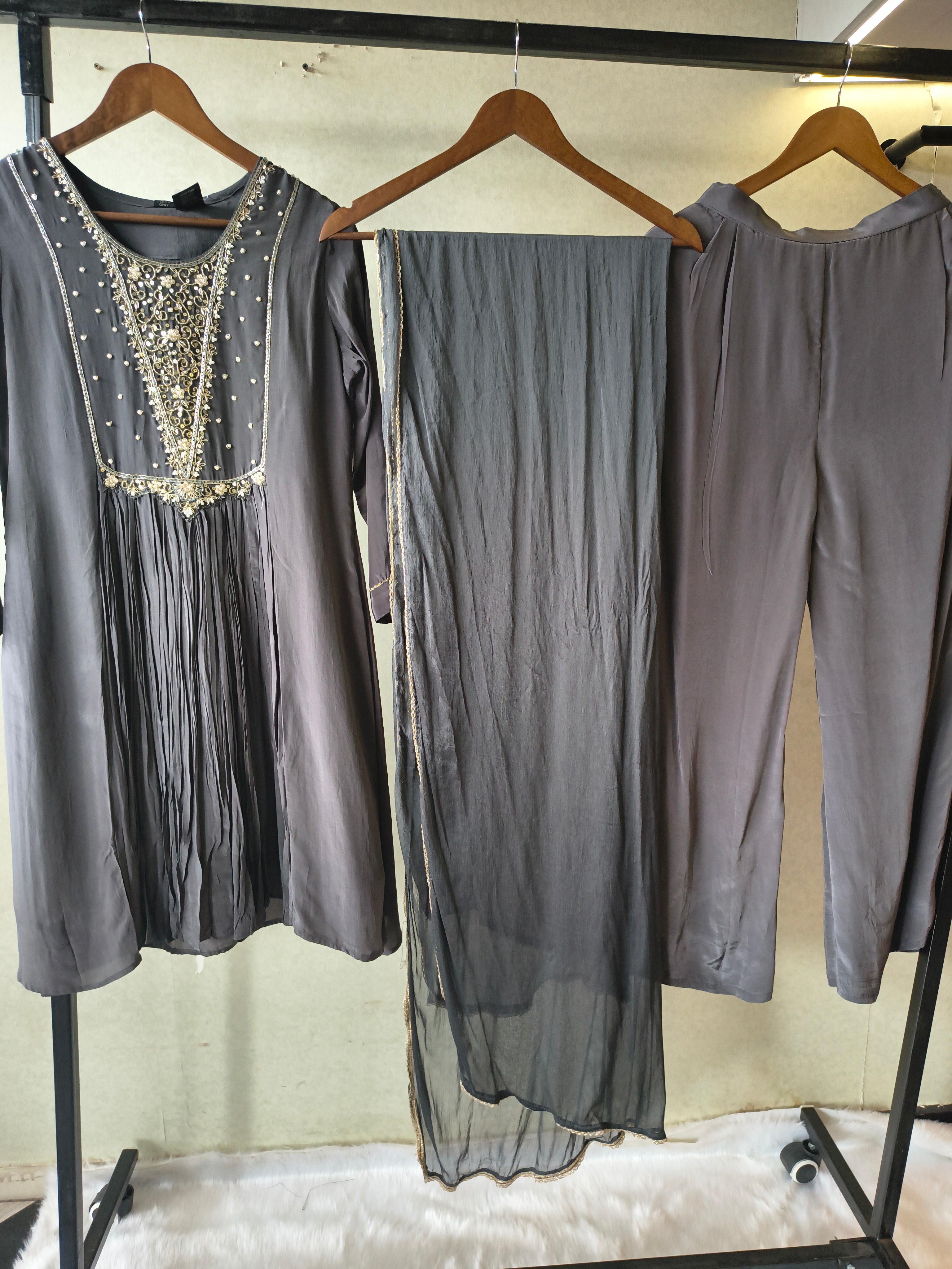 Image of Charcoal Grey Hand Embroidered Anarkali Kurta Set with Churidar Pants & Sheer Dupatta – Premium 3 Piece Festive Ensemble