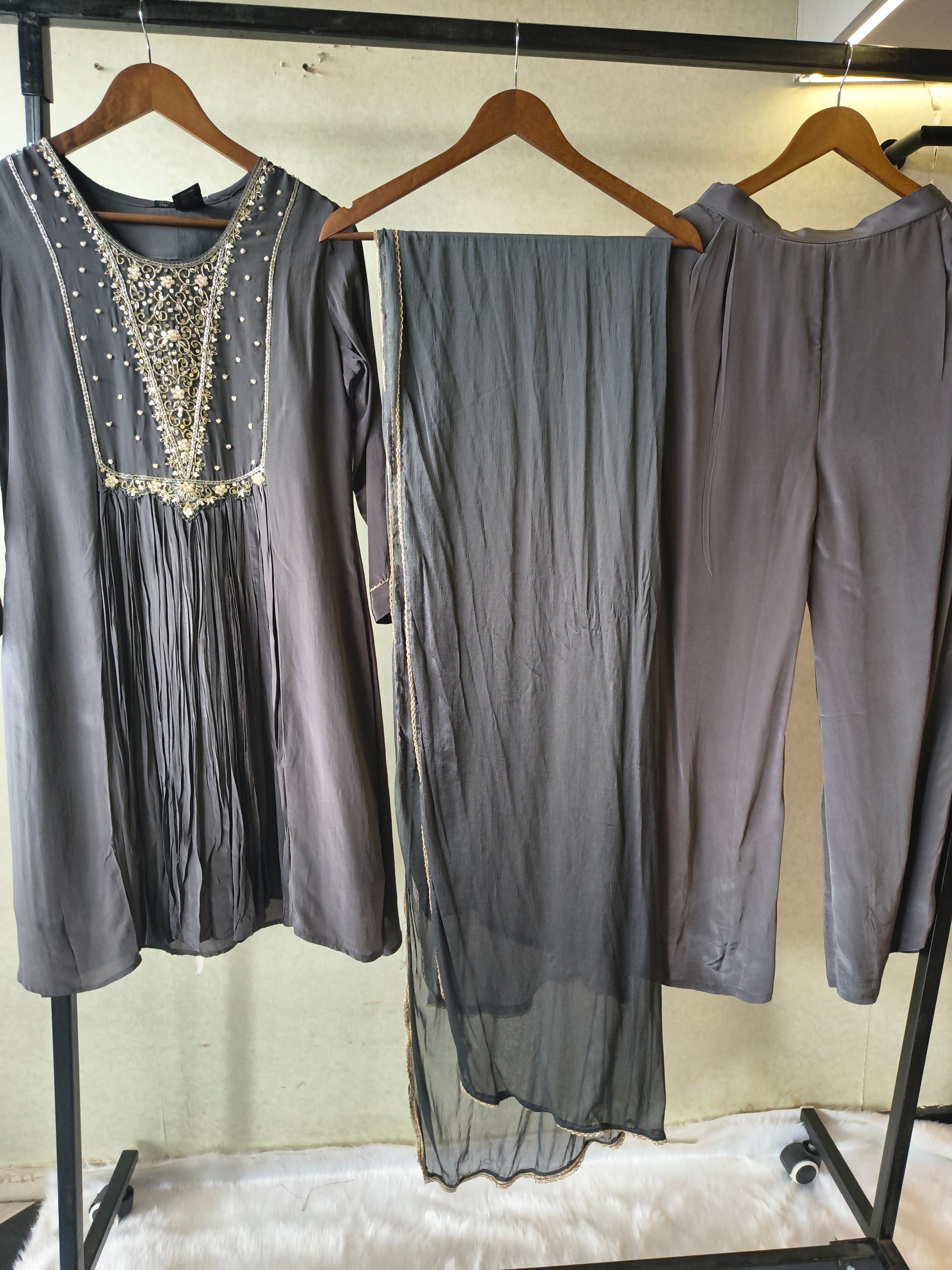 Charcoal Grey Hand Embroidered Anarkali Kurta Set with Churidar Pants & Sheer Dupatta – Premium 3 Piece Festive Ensemble