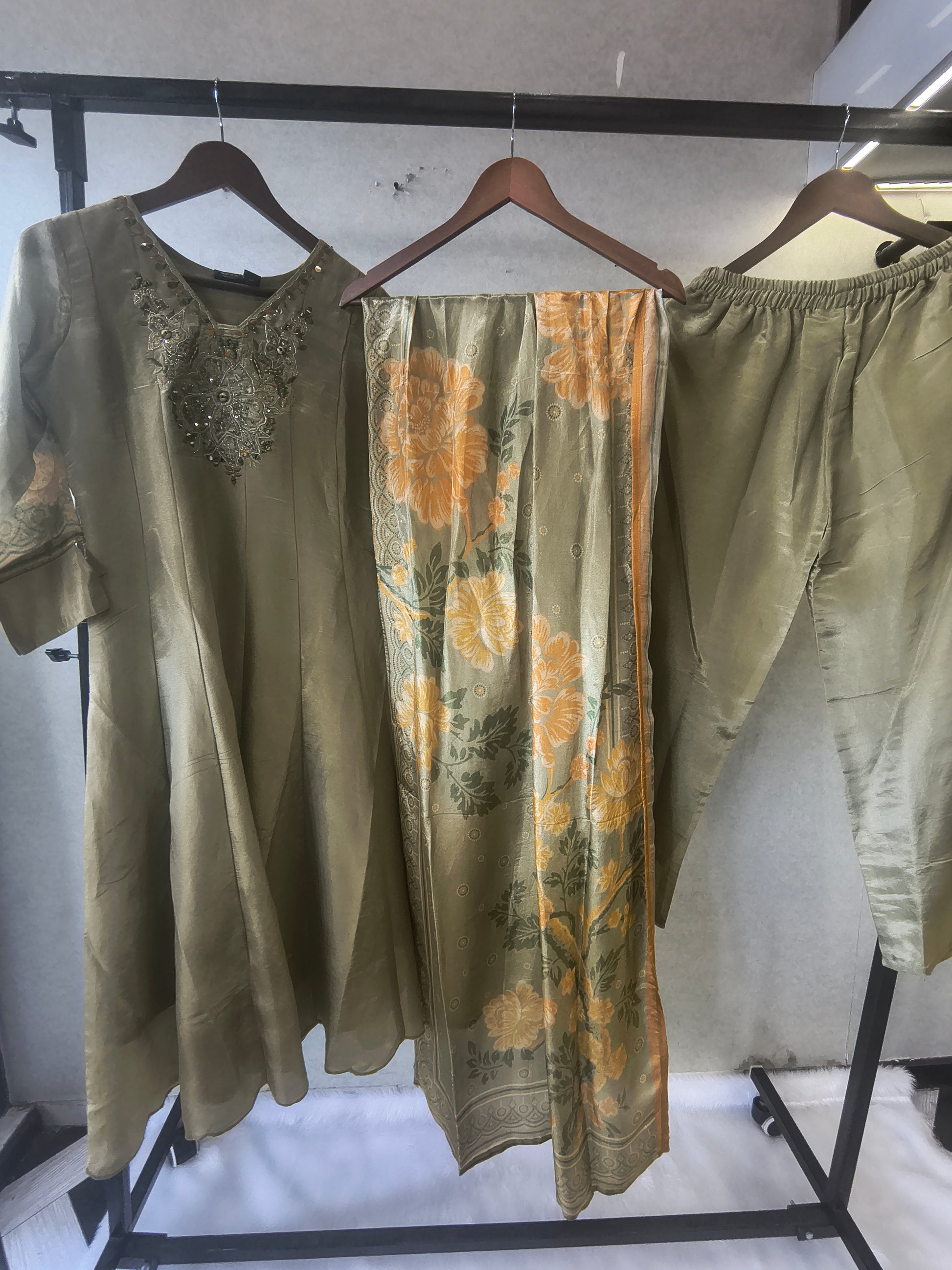 Sage Olive Embroidered Designer Kurta Set with Floral Printed Dupatta | Premium 3 Piece Ethnic Suit