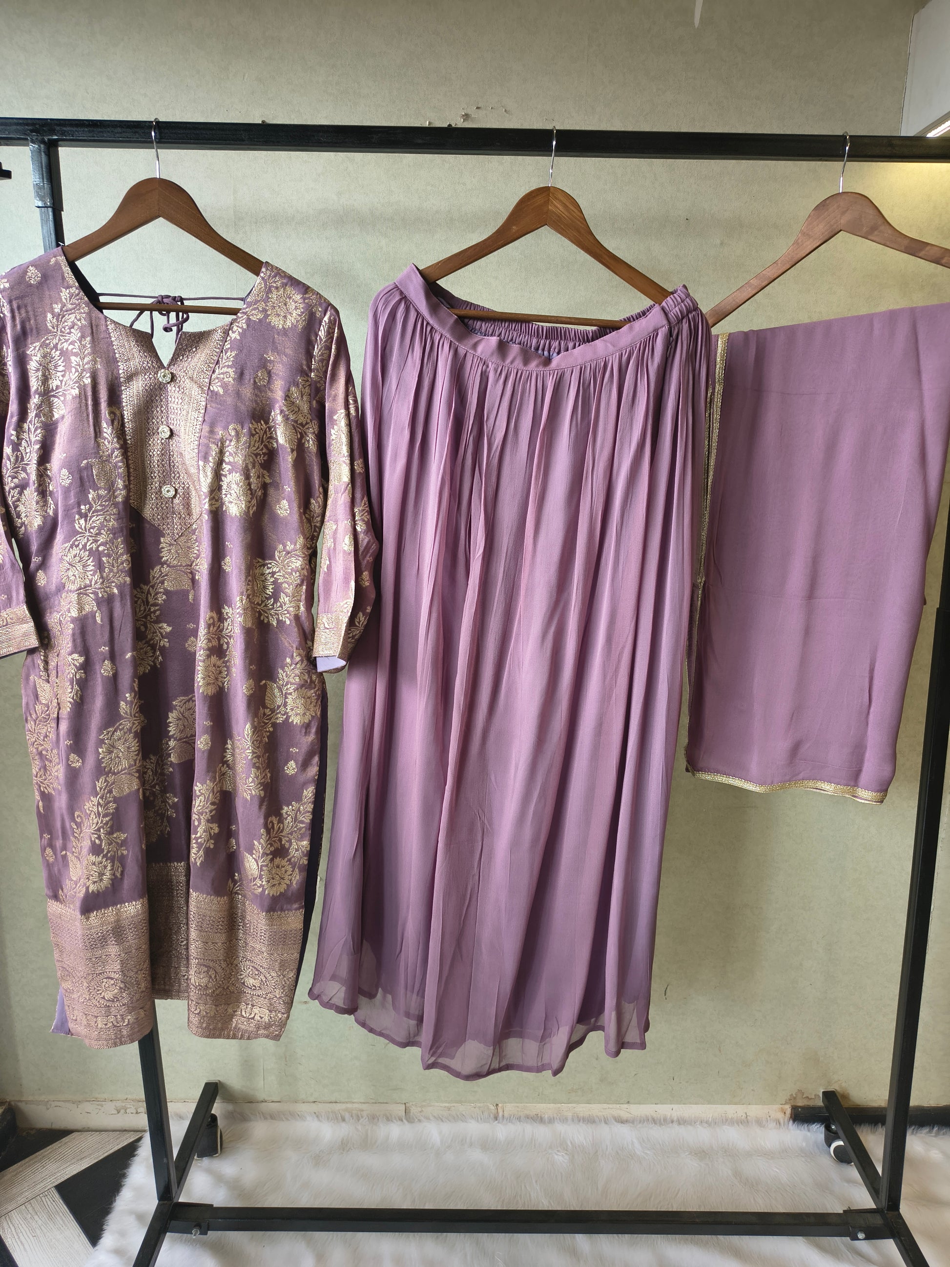 Premium Lavender Jacquard Straight Kurta with Georgette Sharara & Dupatta Set