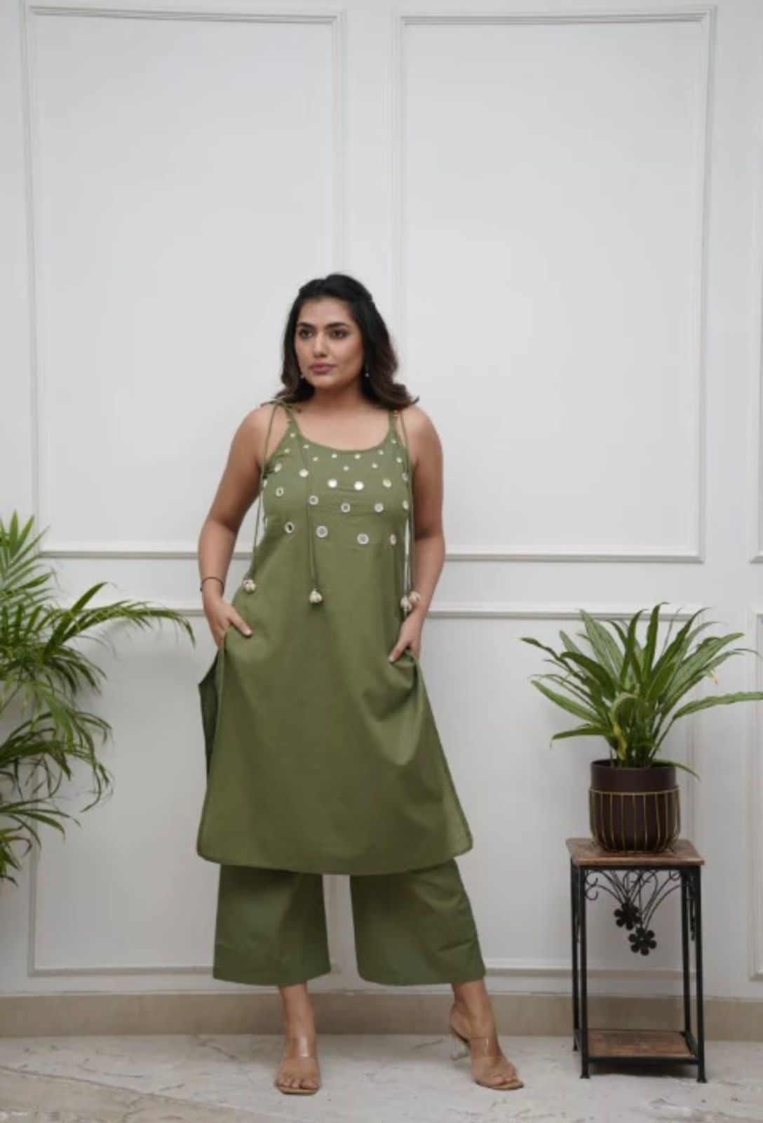 Image of Pure Cotton Sleeveless (Sleeves Attached) with center Mirror Hand work kurti Set - 2 piece