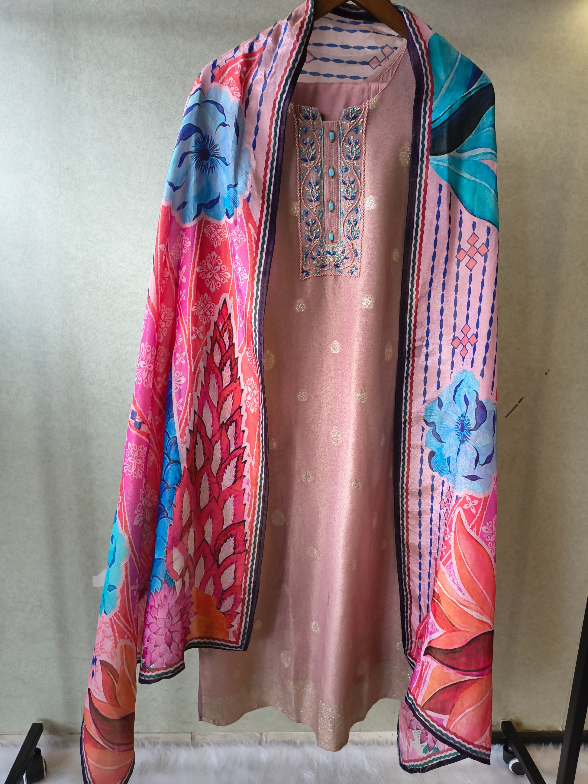 Premium Blush Pink Embroidered Straight Kurta with Cigarette Pants & Designer Printed Dupatta Set