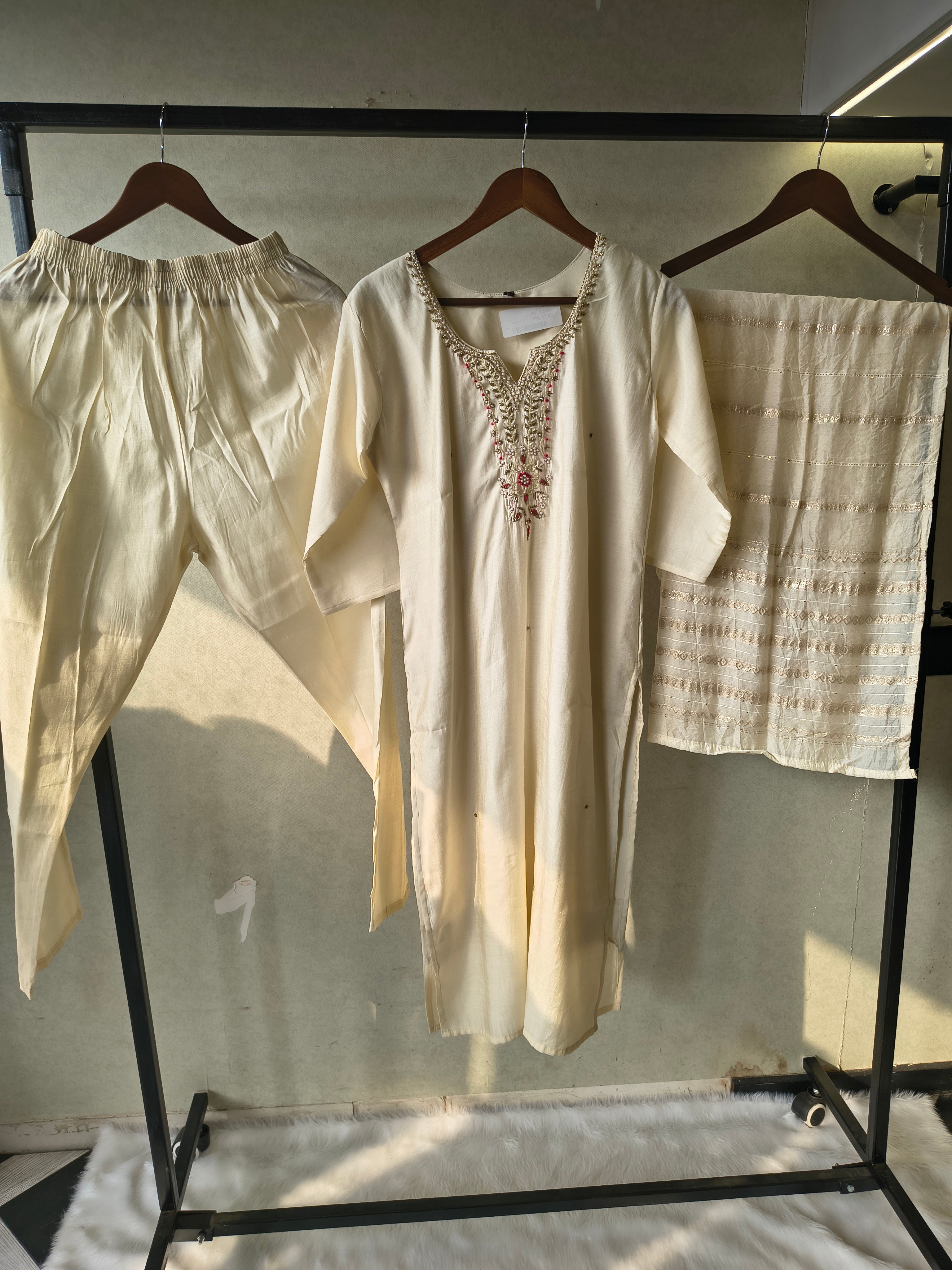Image of Premium Ivory Hand-Embroidered Straight Kurta with Cotton Pants & Woven Dupatta Set