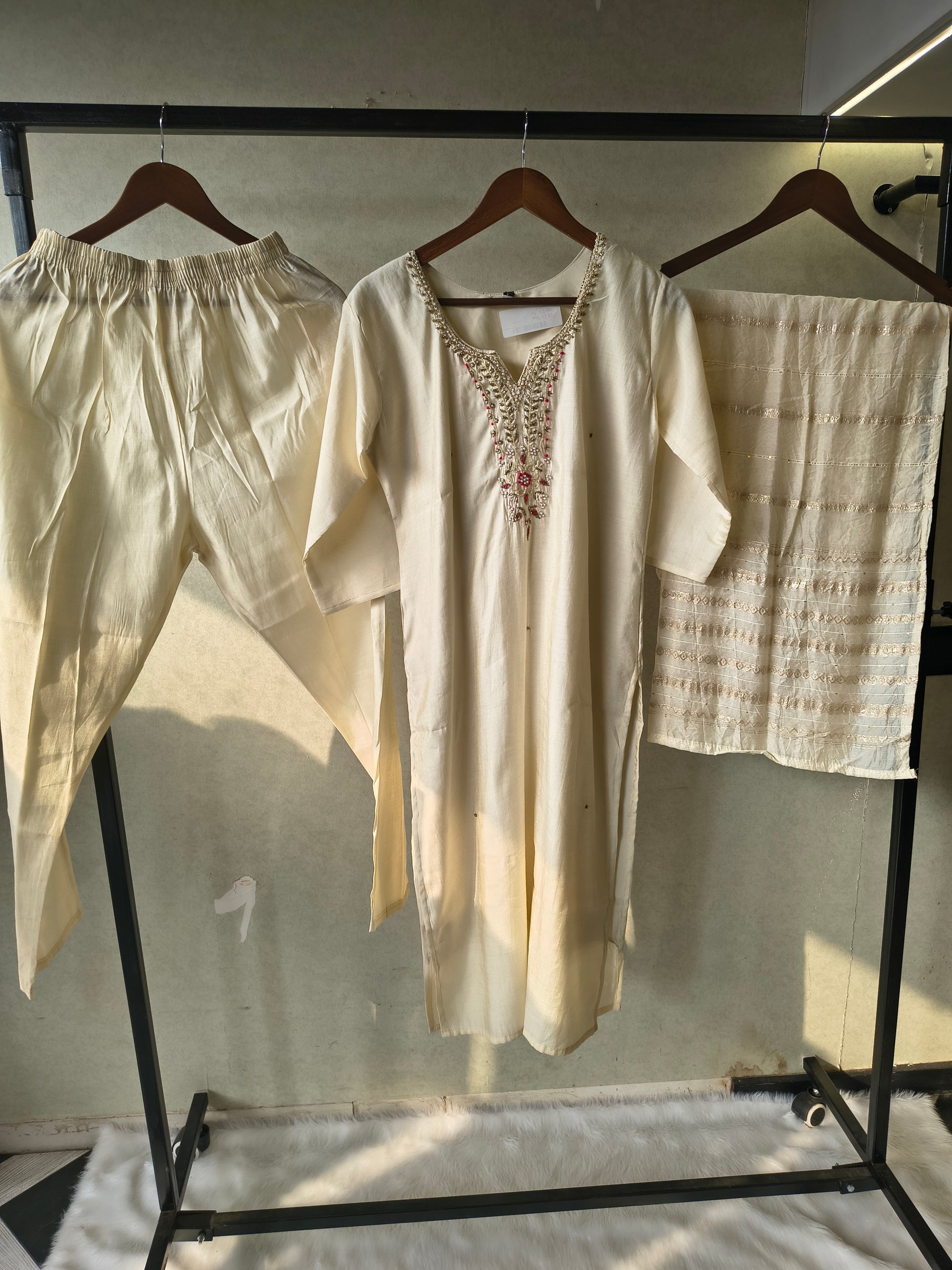 Premium Ivory Hand-Embroidered Straight Kurta with Cotton Pants & Woven Dupatta Set