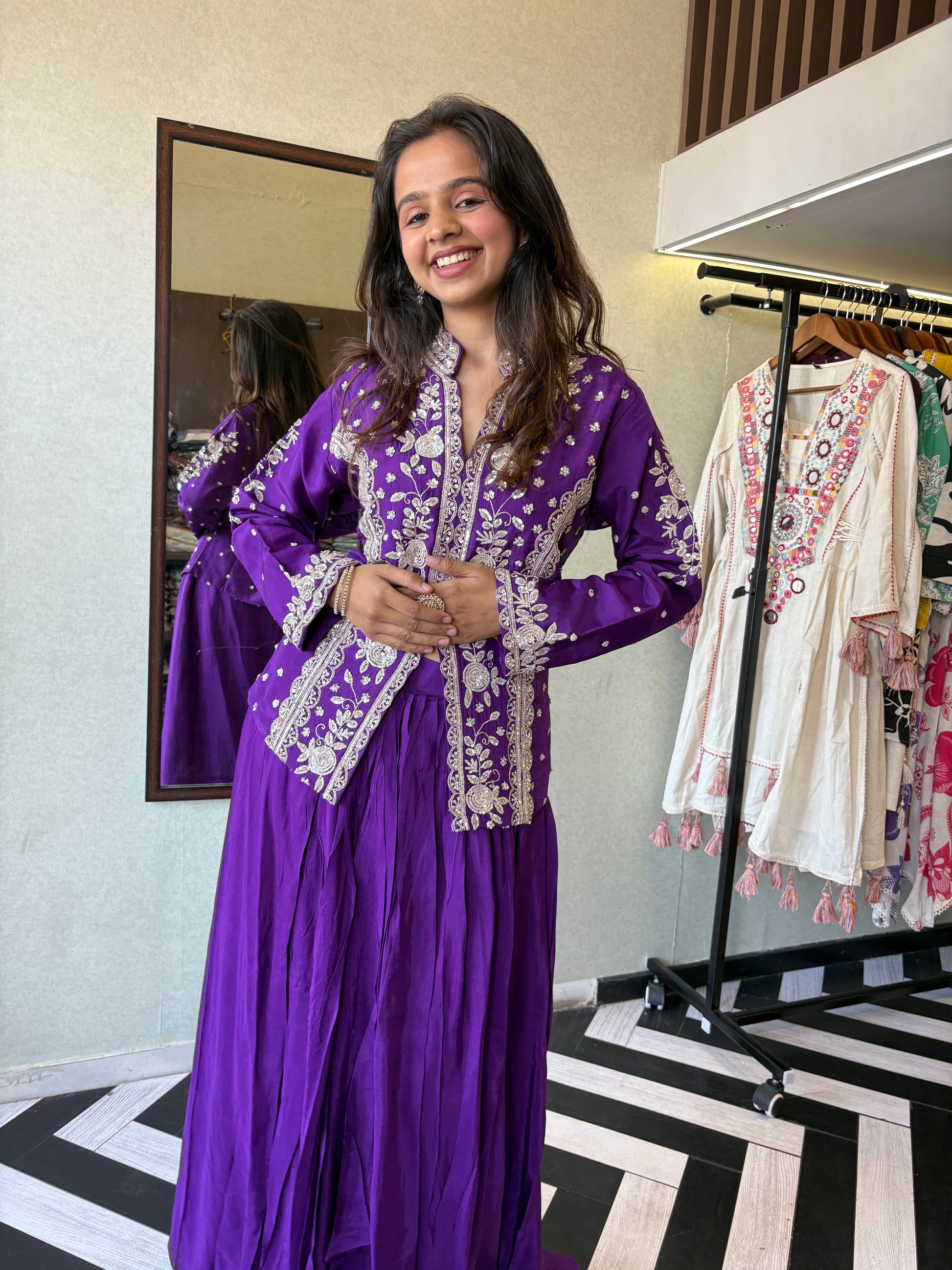 Be the showstopper in this premium pure silk Indo-Western 3-piece set