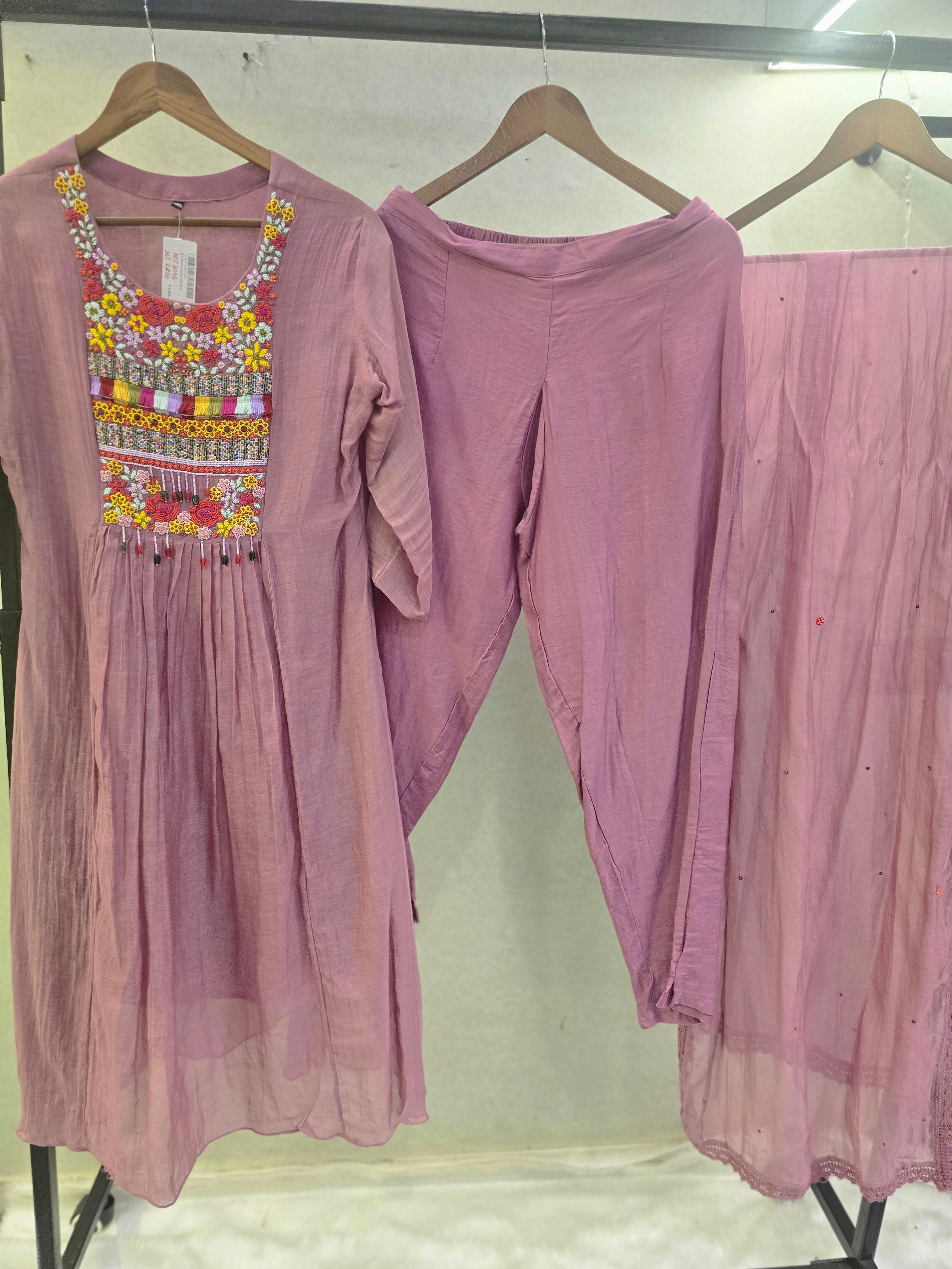 Image of Dusty Mauve Embroidered Yoke Kurta Set with Chiffon Dupatta | Premium 3 Piece Ethnic Suit